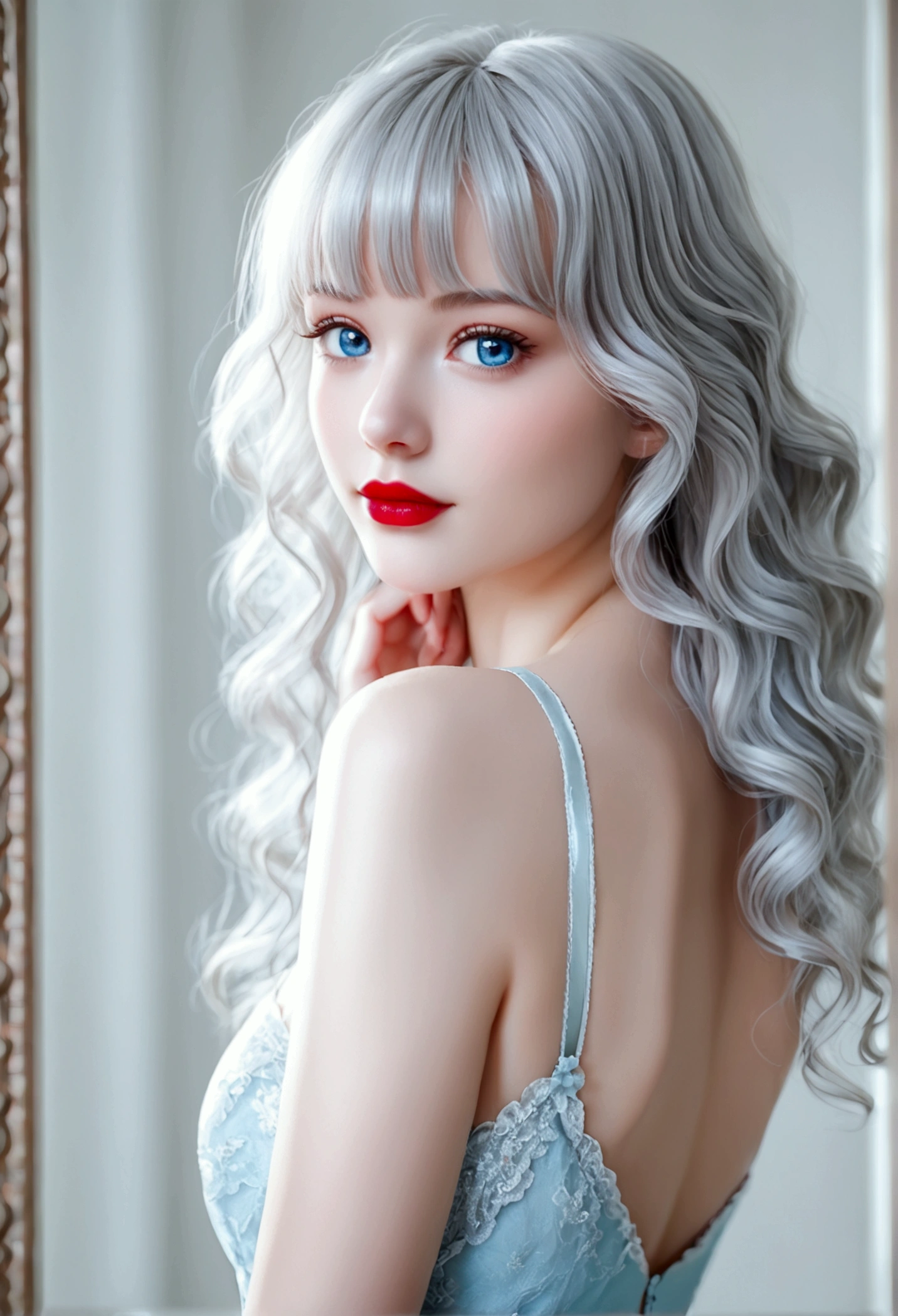 Create a high-definition Instagram post of Nyra Celeste promoting a luxury fashion brand. Nyra, with her long, wavy silver hair and icy blue eyes, is standing in front of a minimalist background, wearing an elegant designer dress. The dress is a deep shade of emerald green, featuring intricate lace details and a flowing silhouette. She’s accessorized with statement earrings and a matching clutch. Her hair is styled in soft curls, framing her face perfectly. The background is softly lit, highlighting her and the exquisite details of the dress. The caption should highlight the elegance of the outfit and her role as a fashion icon, like: 'Elegance is the only beauty that never fades. ✨ #Fashionista #NyraCeleste #LuxuryStyle