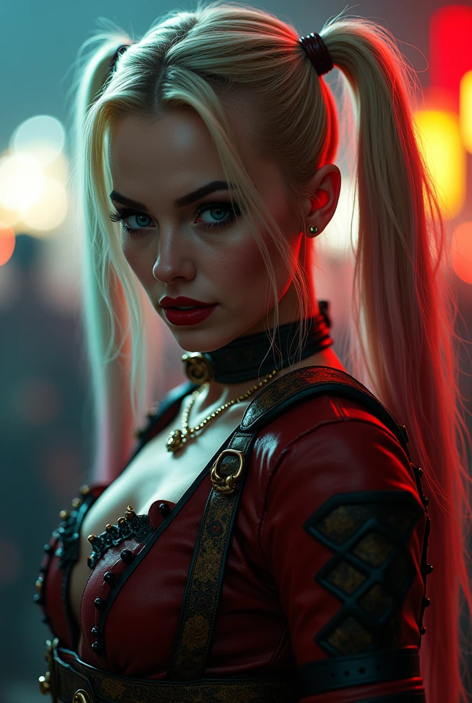 A detailed realistic L-SHOT of masterpiece), (extremely intricate), {perfect face} (realistic), portrait of Harley Quinn, the most beautiful in the world, (medieval armor), metal reflections, upper body, outdoors, intense sunlight, far away castle, professional photograph of a stunning woman detailed, sharp focus, dramatic, award winning, cinematic lighting, , volumetrics dtx, (film grain, blurry background, blurry foreground, bokeh, depth of field, sunrise, interaction, Perfect chainmail)