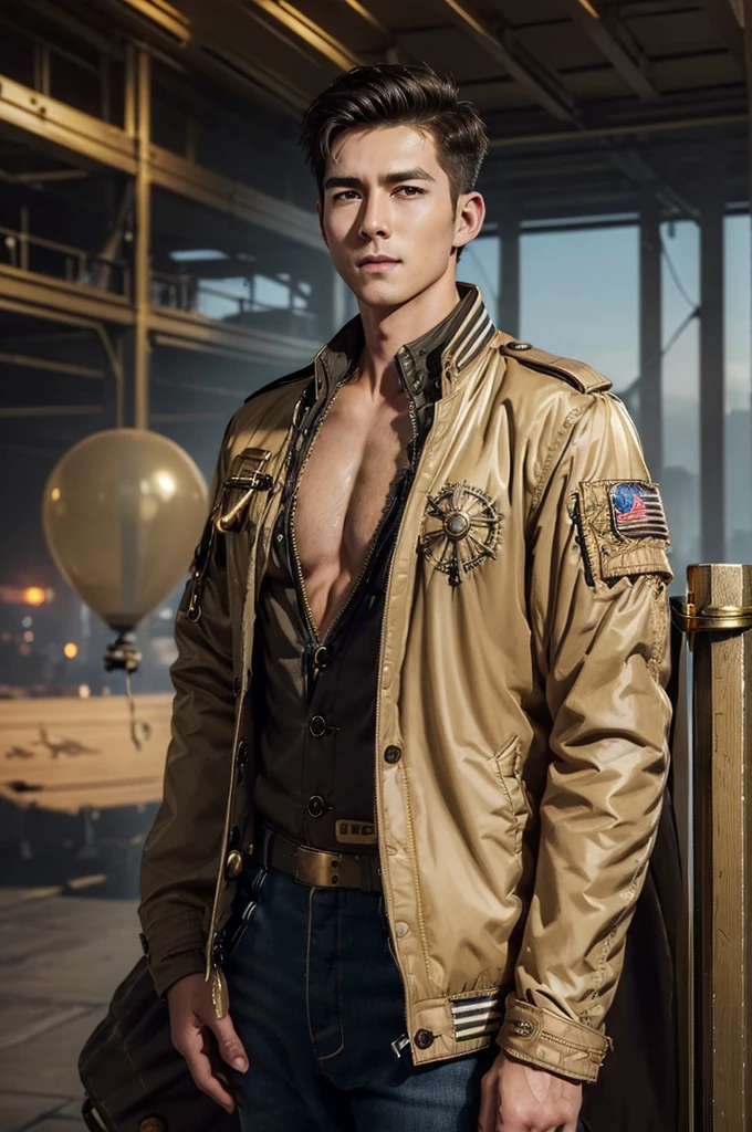 Korean muscular adult man in his 20s wearing a cowhide suit alone outdoors, with cow ears and yellow fur, wearing a thong with a cow suit