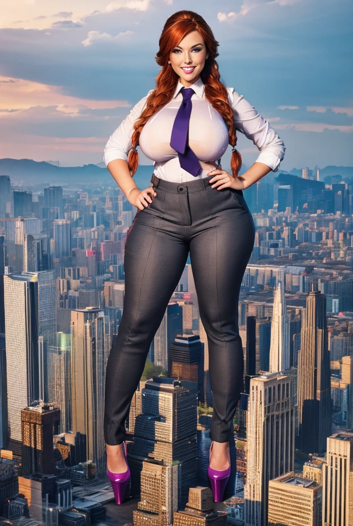 Giantess art, giga giantess in distance,  teenage schoolgirl, women with beautiful curves, massive thighs, bright ginger hair in a fishtail braid, lipstick, wearing a perfect grey pinstriped trouser and blazer suit, crisp white shirt, and a large purple tie, tied in a windsor knot, with massive breasts. She is wearing black platform high heels and standing on a miniature city, with skyscrapers at her feet, smiling with her huge breasts. This image is highly detailed, photorealistic, best quality, a masterpiece, with cinematic lighting, ultra-detailed, featuring black patent Louboutin pumps, front bangs, ground level photography looking up, a curvy figure, heaving bosom, a mega city, skyscrapers sprawl, destruction at feet, fires, arm, buildings, roads, a cloudy, overcast, hazy atmosphere, and wispy clouds. 