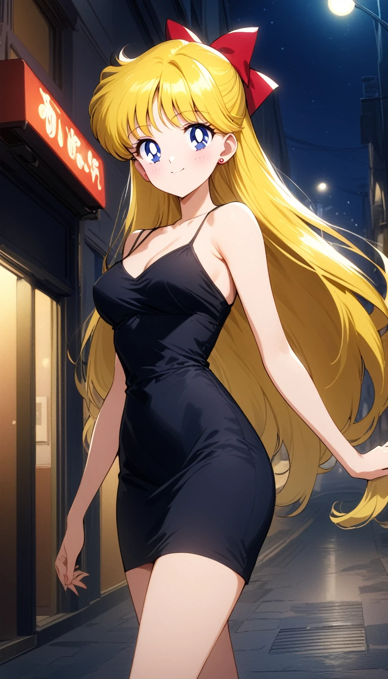 masterpiece, best quality, very aesthetic, absurdres, aavenus, long hair, blonde hair, hair bow, blue eyes, earrings, taut dress, spaghetti strap, black dress, sleeveless, holding a black pruse on her left hand, night, street, standing, cowboy shot, medium breast, smile