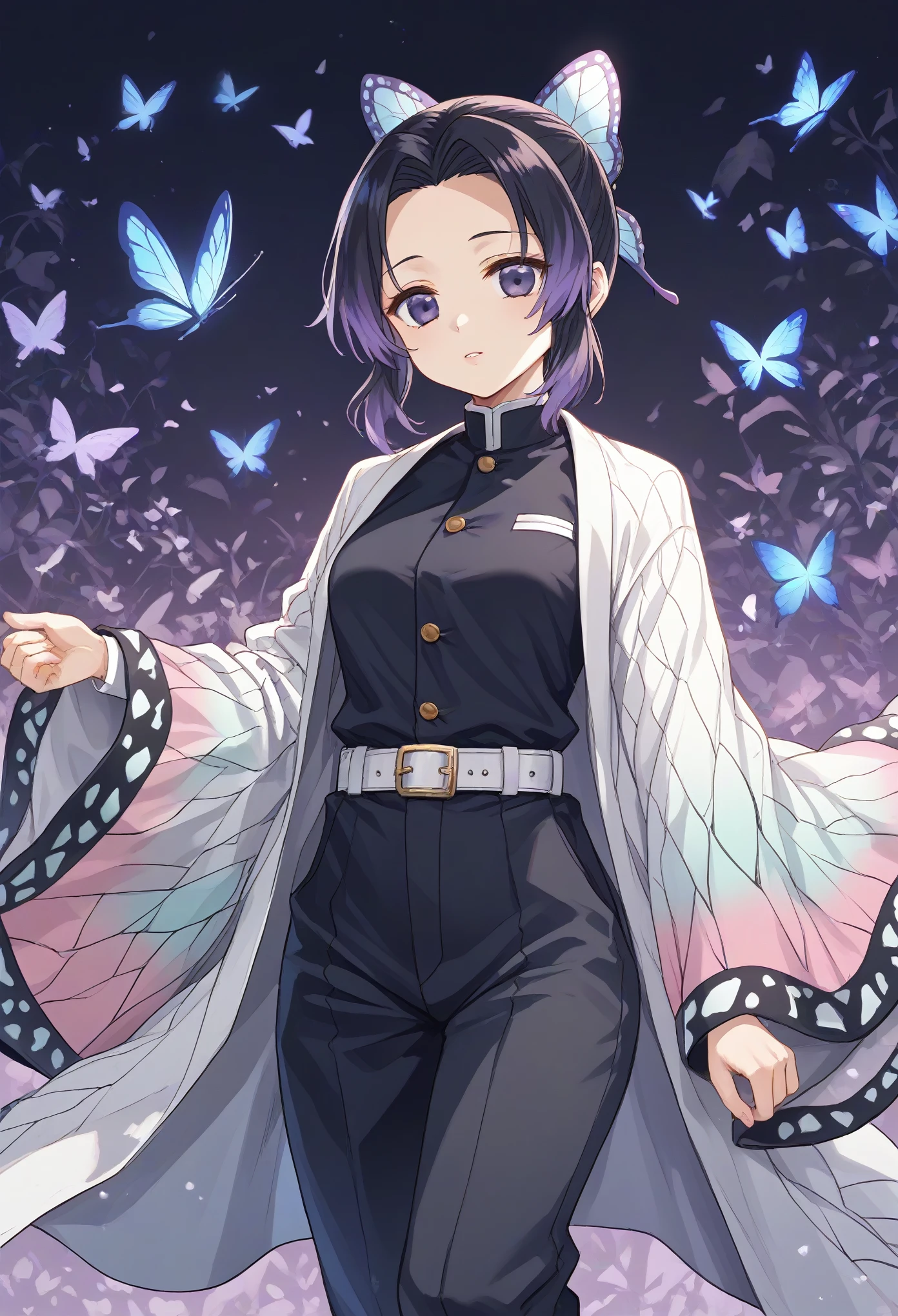 shinobu kochou, animal print, black hair, butterfly, butterfly hair ornament, butterfly print, forehead, gradient hair, hair ornament, haori, multicolored hair, parted bangs, purple hair, short hair, two-tone hair,
belt, black pants, butterfly print, coat, demon slayer uniform, haori, japanese clothes, pants, uniform,