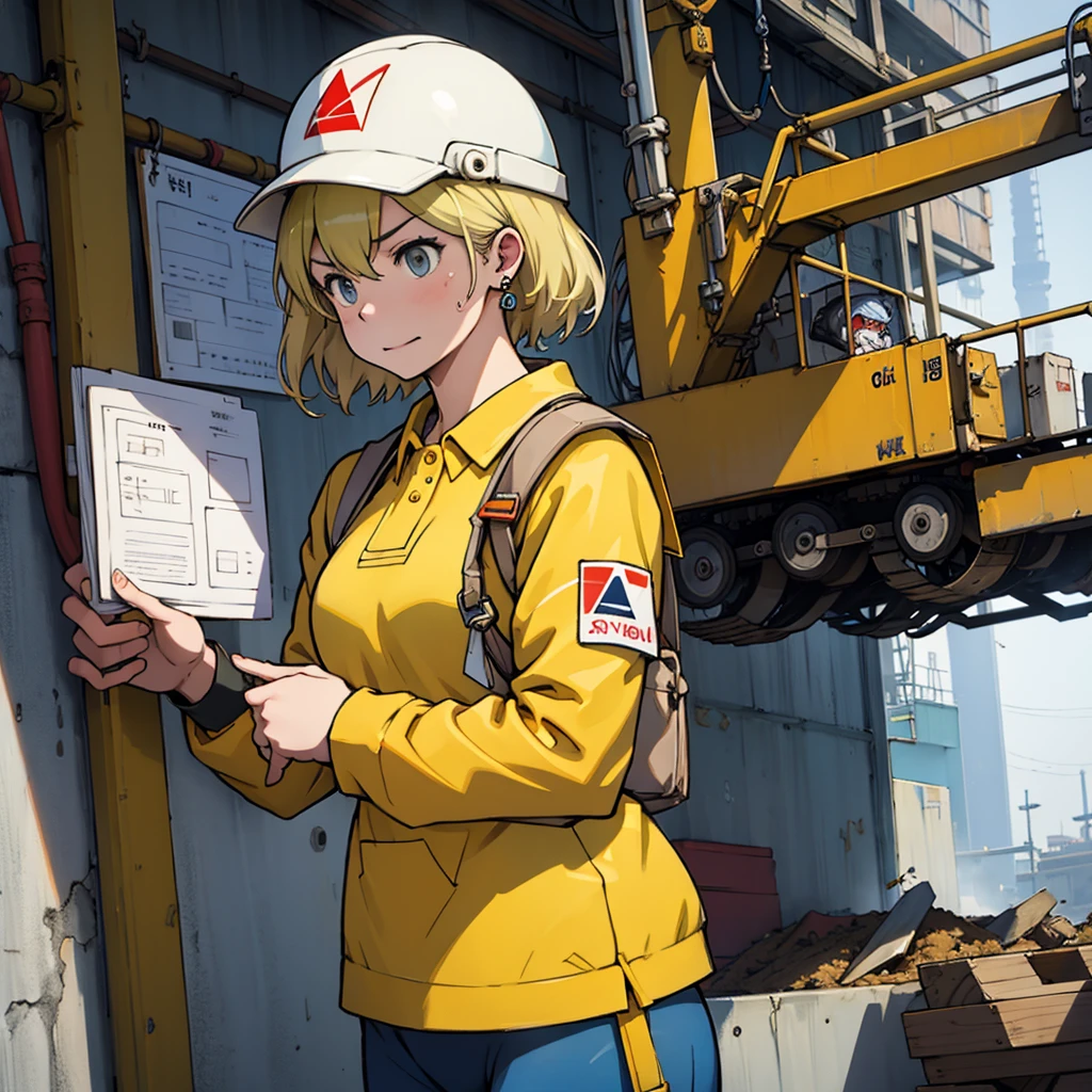 Girl、Delta Mon。Construction site、Crane operator、Stern expression、Point and give instructions、sweat