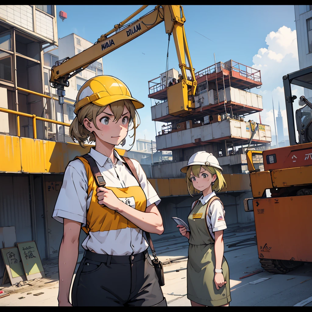 Girl、Delta Mon。Construction site、Crane operator、Stern expression、Point and give instructions、sweat