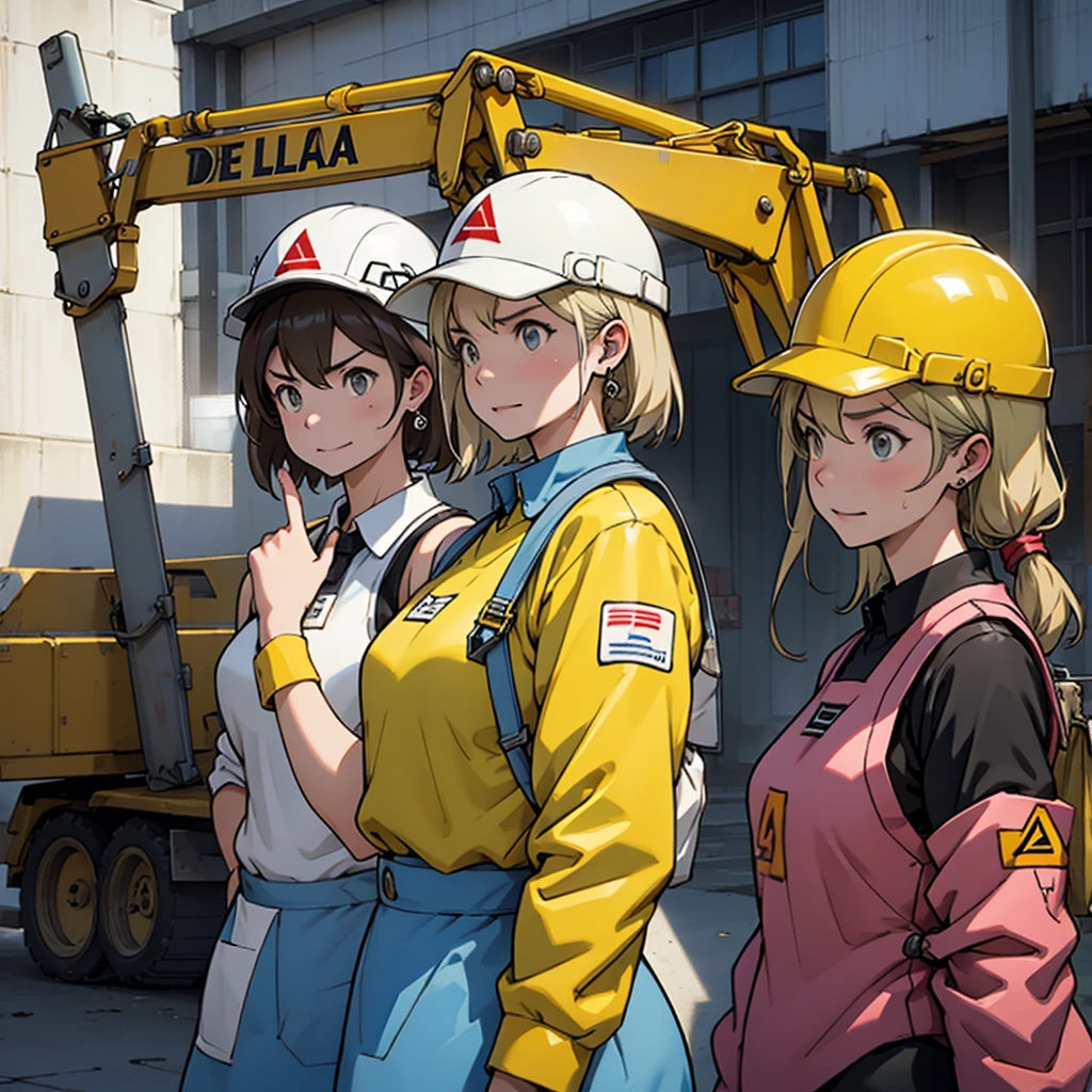 Girl、Delta Mon。Construction site、Crane operator、Stern expression、Point and give instructions、sweat