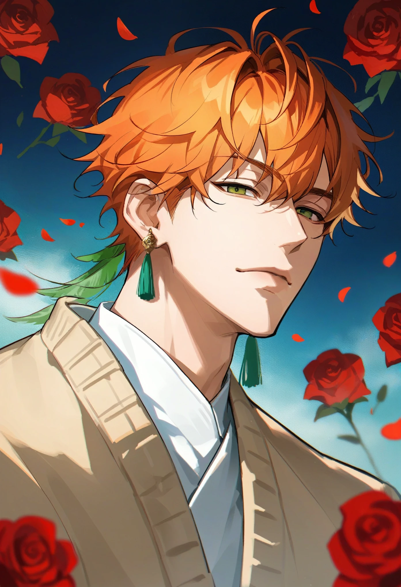 muksal,1boy,sea green eyes,orange hair,tassel earring,closed mouth,expressive eyes,looking at viewer,roses,petals,solo,green feather hair ornament,bangs,handsome,white shirt,beige cardigan, score_9,score_8_up,score_7_up,source_anime,