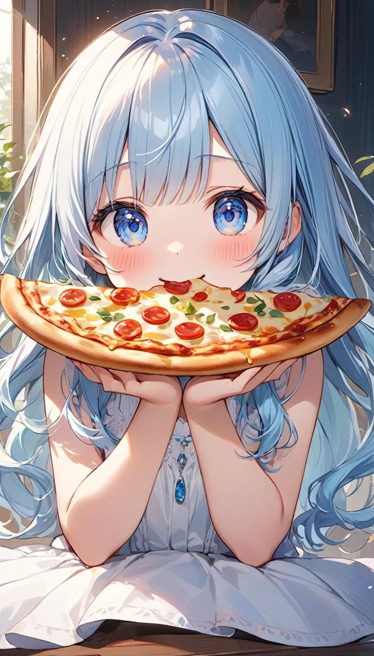 masterpiece, best quality, extremely detailed, (illustration, official art:1.1), 1 girl ,(((( light blue hair)))), ,(((( light blue long hair)))),light blue hair, ,((blush)) , cute face, big eyes, masterpiece, best quality,(((((a very delicate and beautiful girl))))),Amazing,beautiful detailed eyes,blunt bangs((((little delicate girl)))),(((tareme))),droopy eyes.(true beautiful:1.2), sense of depth,dynamic angle,,,, affectionate smile, (true beautiful:1.2),,(tiny 1girl model:1.2),girl,Ten years old、 cute, Big blue eyes, Biting into melted cheese pizza、Eat pizza deliciously
