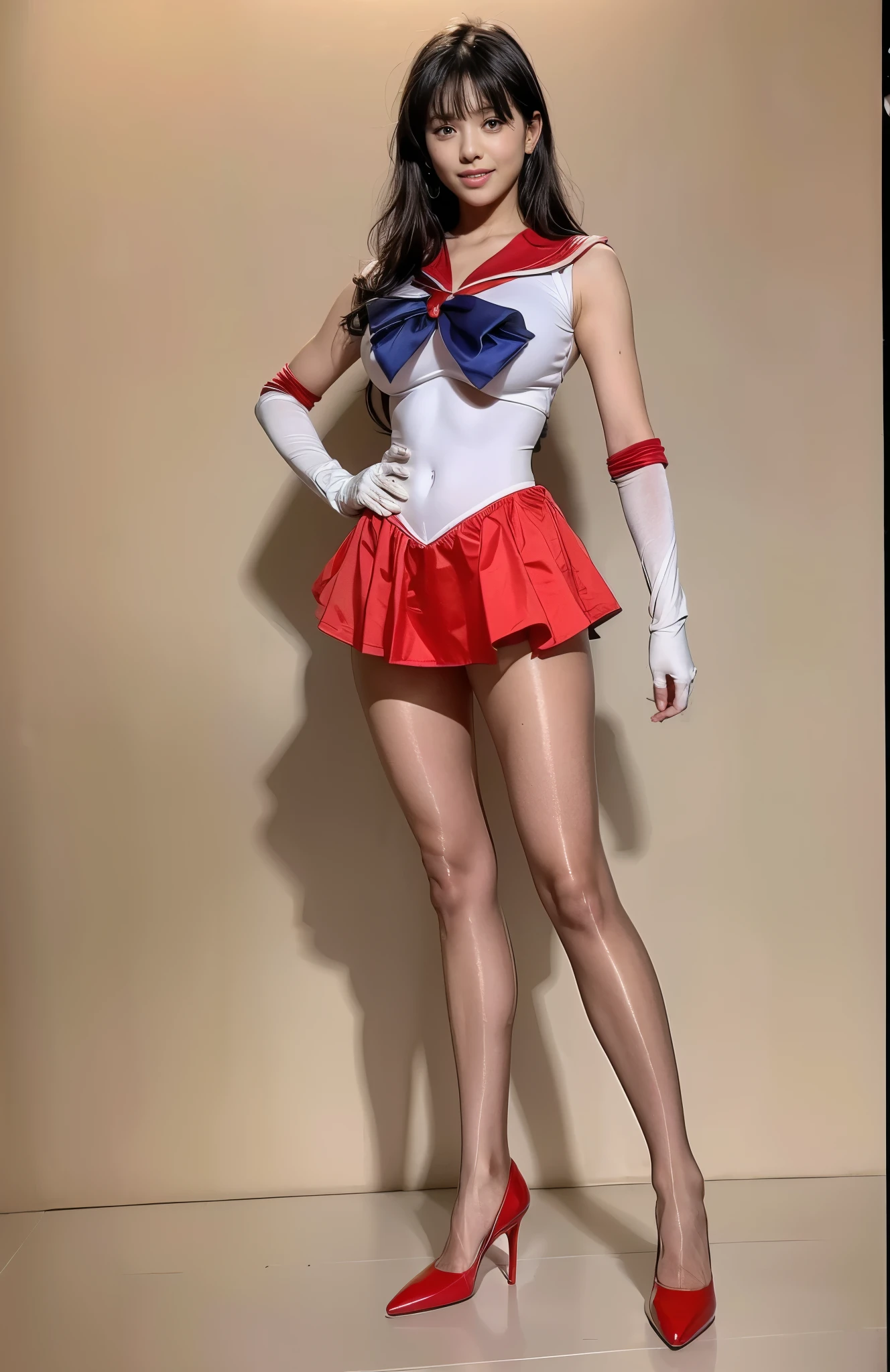 No background、(((Beautiful legs in tights.)))、(((Legally express the beauty of your smile)))、(((Wearing white gloves)))、((((Make the most of your original images)))、(((Sailor Mars Costume)))、(((Short beautiful hair)))、(((suffering)))、(((Please wear beige tights....、Please wear red heels)))、((Best Quality、8k))、((Best Quality、8k、masterpiece:1.3))、(((Save the background )))、Sharp focus:1.2、Beautiful woman with perfect figure:1.4、Slim Abs:1.2、Wet body:1.5、Highly detailed face and skin textures、8k