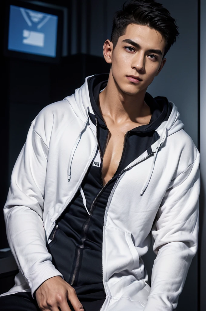 Best quality, masterpiece, ultra high res, (photorealistic:1.5), raw photo, in the dark, deep shadow, low key, cold light, man face, 1 man, 1man, man, Jaws firm, thin eyebrows, thin lips, Eye shape like a snake's eye, realistic, Male shoulders, Muscular, mullet hairstyle, broad shoulders, black hair, tan skin, angry face, cool face, bad boy vibe, wearing  hoodie jeans jacket, carrying a black, smirk face, masculine, look cool, cool face, mainly face, half body portrait, Night city background, sharp eye, tan skin, Look like a Filipino boy, brown eye, looks 19 years old, 19 years old, real, Handsome. , full length shot(fls) , hips ,  thighs