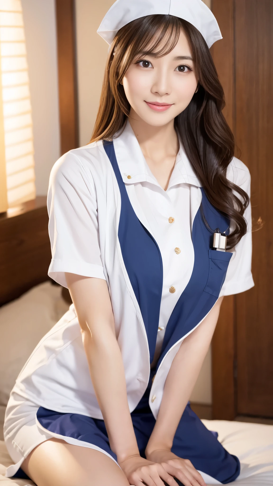 Realistic style，A sexy nurse,Super detailed、Japanese、charming beauty、seductive adult woman、Pretty Woman,Wearing AV actress nurse hat,Wearing an AV actress&#39;s 3.4-shaped nurse uniform,whole body,Medium chest,Beautiful breasts.whole body,Completely red,The breasts are beautiful,cute，Long and beautiful legs, ,Sitting，，Lean forward slightly，whole body拍摄，Hospital nursing station indoor scene，窗边有柔和的Natural Light，Focus on her posture and clothing，Ultra-realistic details，high resolution，Natural Light，Hyperrealism --style raw --s 400 --ar 4:3 -- in 6
