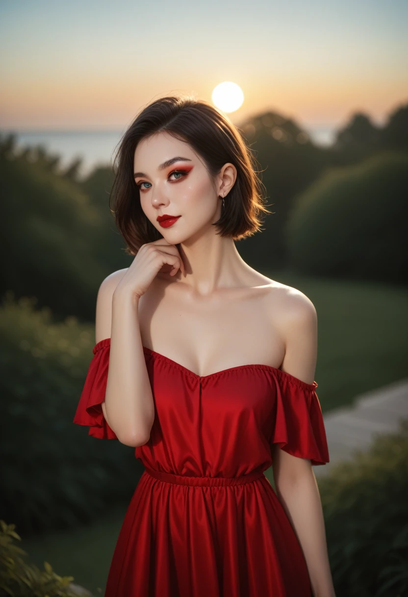 Young woman, pensive, simple black off-the-shoulder top, modest makeup, deep red lipstick, one hand adjusting dress, other hand on shoulder, casual party, relaxed, social atmosphere, soft lighting, warm tones against the gentle light of the setting sun and calm mood, score_9, score_8_up, score_7_up, 