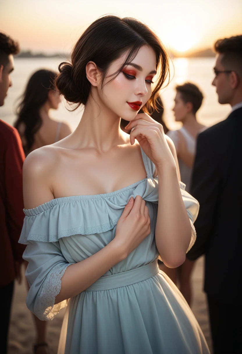 Young woman, pensive, simple black off-the-shoulder top, modest makeup, deep red lipstick, one hand adjusting dress, other hand on shoulder, casual party, relaxed, social atmosphere, soft lighting, warm tones against the gentle light of the setting sun and calm mood, score_9, score_8_up, score_7_up, 