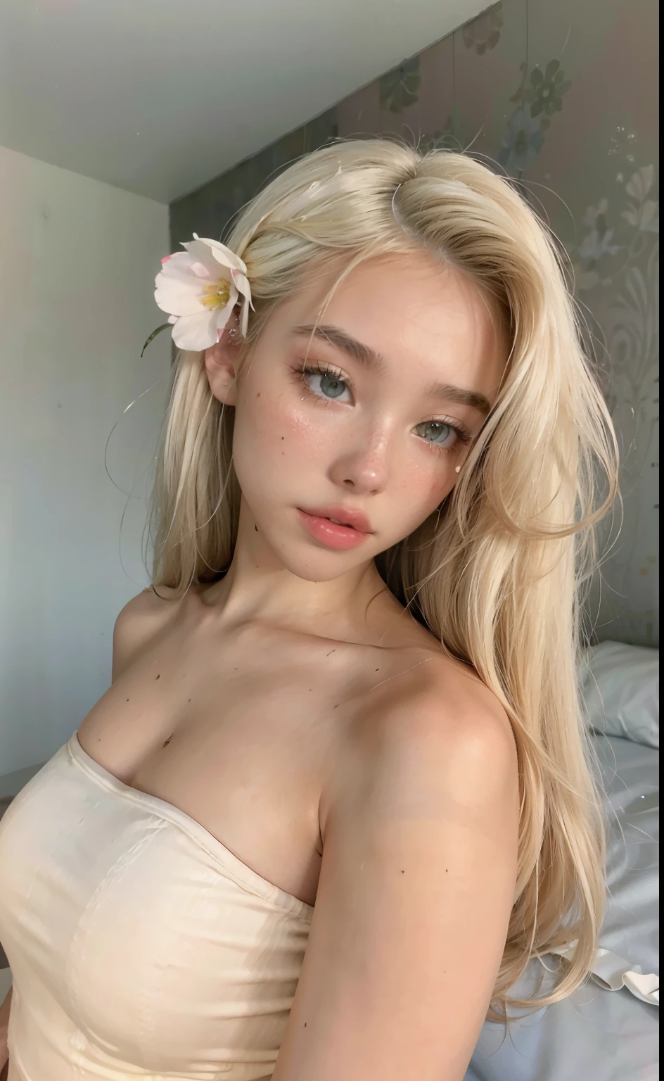 Blonde woman with long hair and piercings posing for a photo., with long white hair, with long white hair, perfect white haired girl, ava max, tifa lockhart with white hair, pale porcelain white skin, anime girl in real life,  with white hair, extremely light blonde hair, very light blonde hair, with long blonde hair, Her hair is white