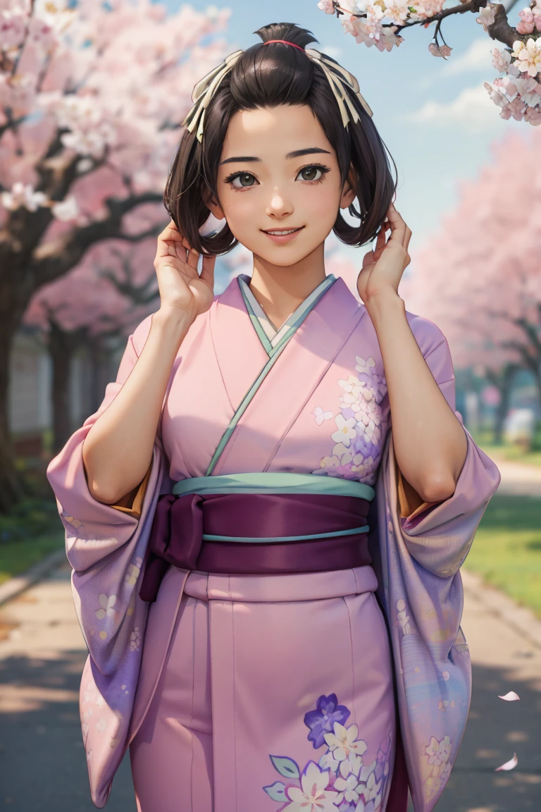 (masterpiece, best quality:1.2), cowboy shot, solo, 1girl, susato mikotoba, (14 years_old:1.5), smile, hand in own hair, floral print, japanese clothes, ((pink kimono)), open kimono, undressing, white bra, cherry blossom trees