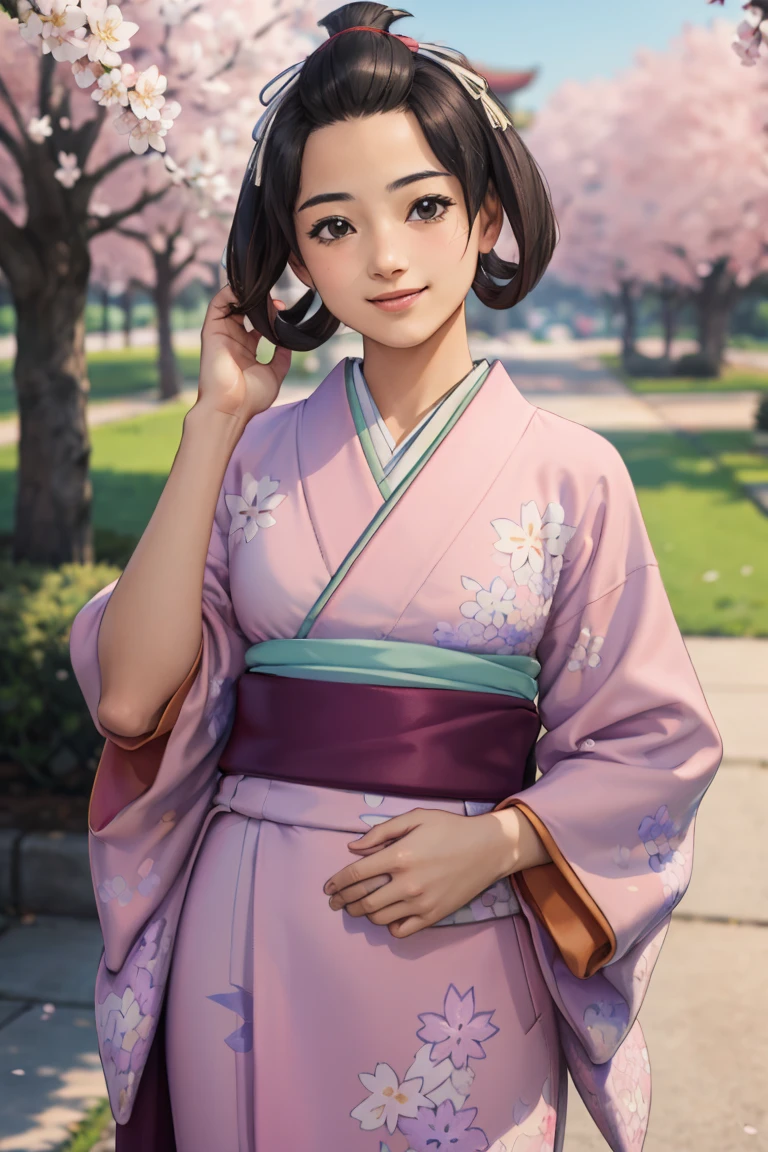 (masterpiece, best quality:1.2), cowboy shot, solo, 1girl, susato mikotoba, (14 years_old:1.5), smile, hand in own hair, floral print, japanese clothes, ((pink kimono)), open kimono, undressing, white bra, cherry blossom trees