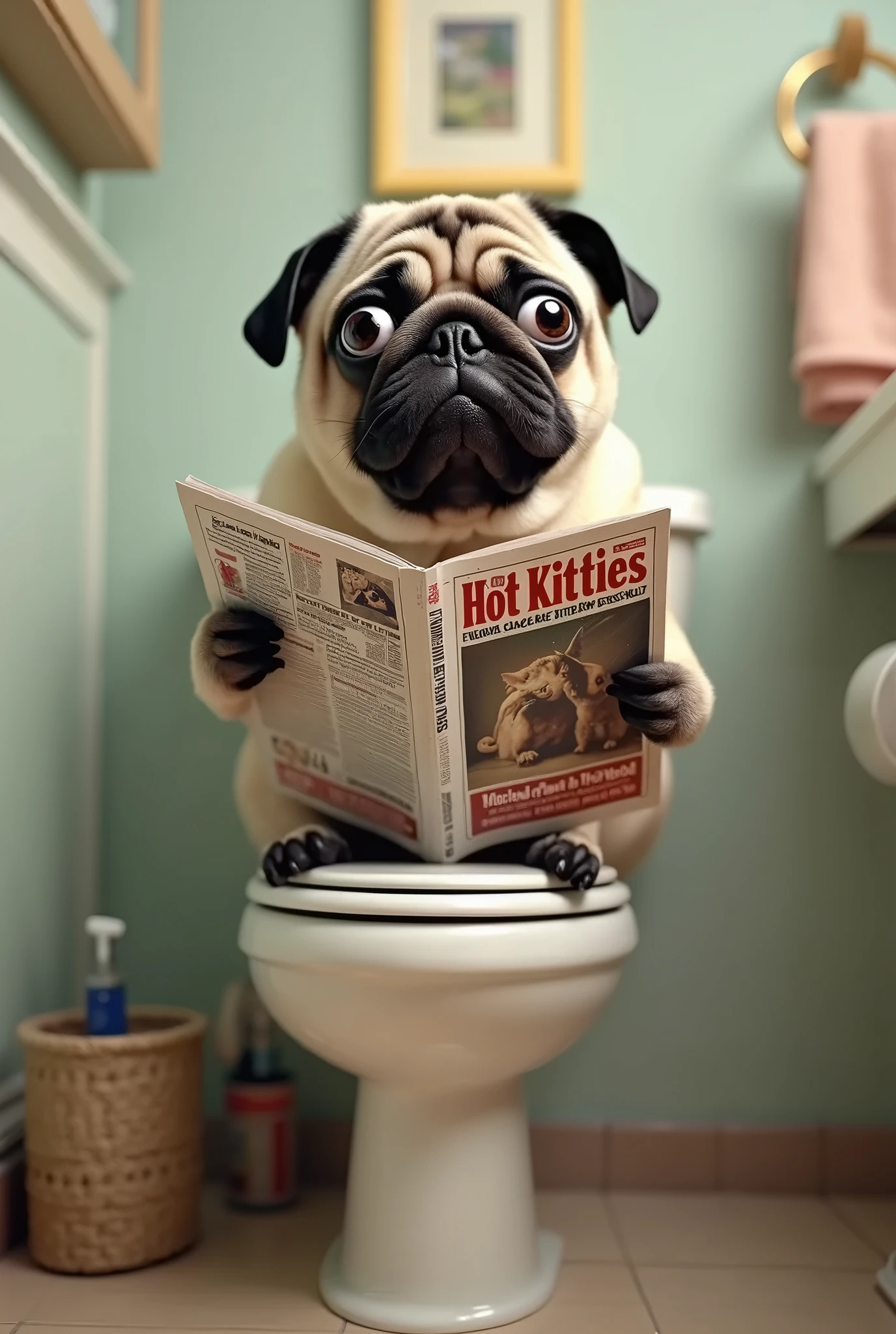 solo, tired golden retrievers sitting on toilet and holding newspaper in left hand and holding mug in right hand, three identical heads on one body frowning, bald, beards, golden retriever ears, masculine, necks, correct eyes, adult, male, 50 years old, (stylized 3d, by disney, by rembrandt), by pixar:1.1, by dramamine, (fat, beefy, dadbod, chubby, big belly, sweaty, yellow fur, bathroom background, (shirtless, nude, flaccid penis, hairy testicles, big nipples), correct hands, correct anatomy, (ultradetailed, best quality, detailed masterpiece, highly detailed masterpiece, 4k, professional cartoon:1.7), (natural pose, sitting on toilet, holding newspaper:1.1, holding mug:1.1)