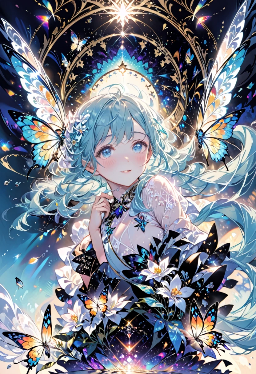 (illustration, official art:1.1), 1 girl ,(((( light blue hair)))), ,(((( light blue long hair)))),light blue hair, ,((blush)) , cute face, big eyes, masterpiece, best quality,(((((a very delicate and beautiful girl))))),Amazing,beautiful detailed eyes,blunt bangs((((little delicate girl)))),(((tareme))),droopy eyes.(true beautiful:1.2), sense of depth,dynamic angle,,,, affectionate smile, (true beautiful:1.2),,(tiny 1girl model:1.2),girl,(masterpiece, Highest quality, Highest quality, Official Art, beautifully、aesthetic:1.2), (One girl), Very detailed,(Fractal Art:1.3),colorful,Most detailed,Upper Body, [race],[jewelry],[flower],[[butterfly]],