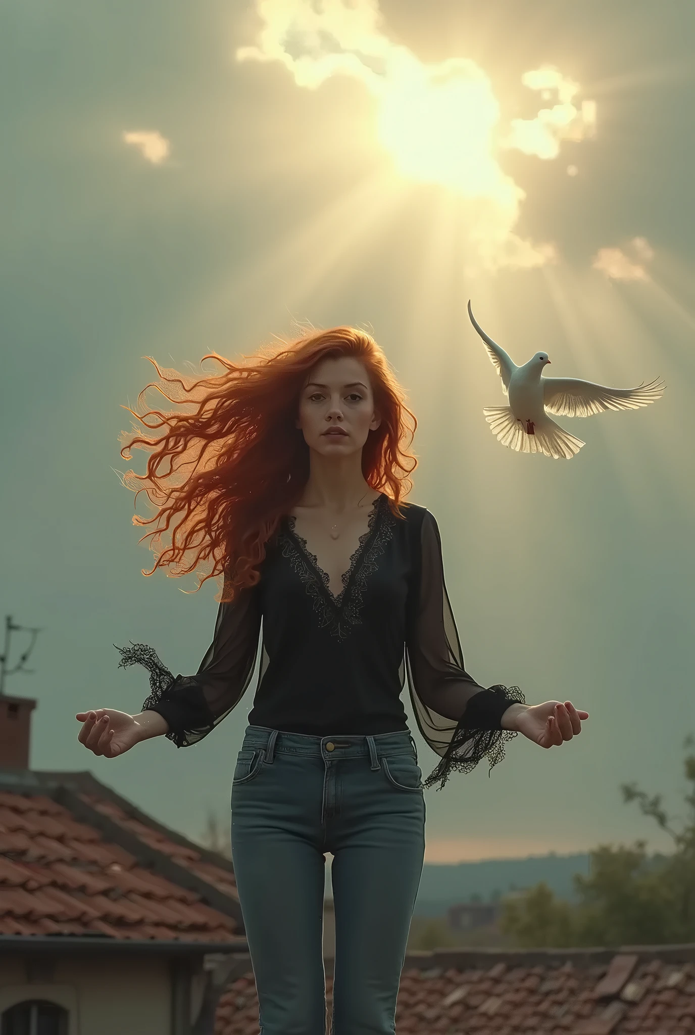 The goddess of love, burnt wings, rose bushes, blood, blue sky,