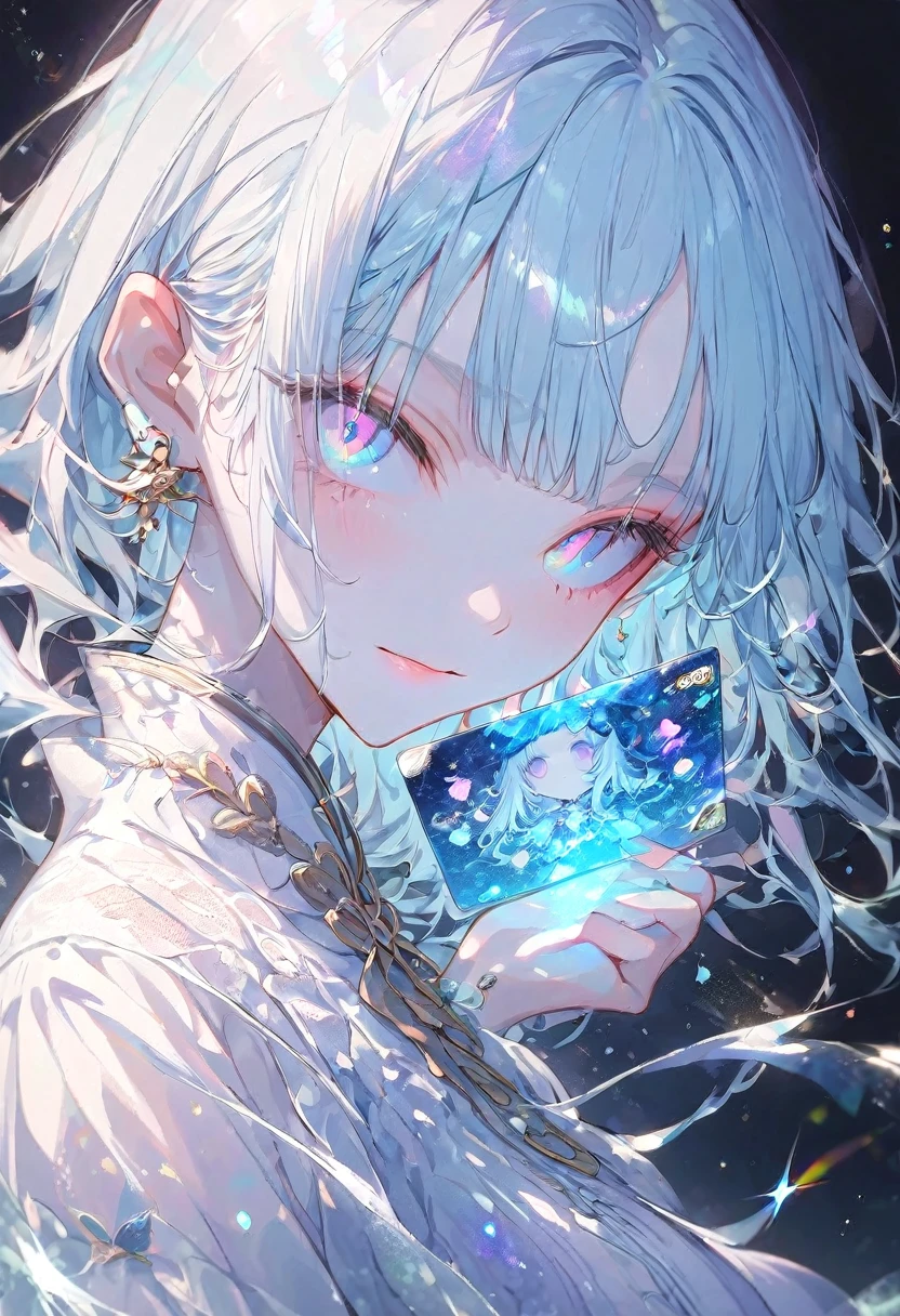 (illustration, official art:1.1), 1 girl ,(((( light blue hair)))), ,(((( light blue long hair)))),light blue hair, ,((blush)) , cute face, big eyes, masterpiece, best quality,(((((a very delicate and beautiful girl))))),Amazing,beautiful detailed eyes,blunt bangs((((little delicate girl)))),(((tareme))),droopy eyes.(true beautiful:1.2), sense of depth,dynamic angle,,,, affectionate smile, (true beautiful:1.2),,(tiny 1girl model:1.2),A high-quality hologram card depicting an anime-style girl, with glitter, mother-of-pearl, and a black background around the card, clear coloring, and colorful