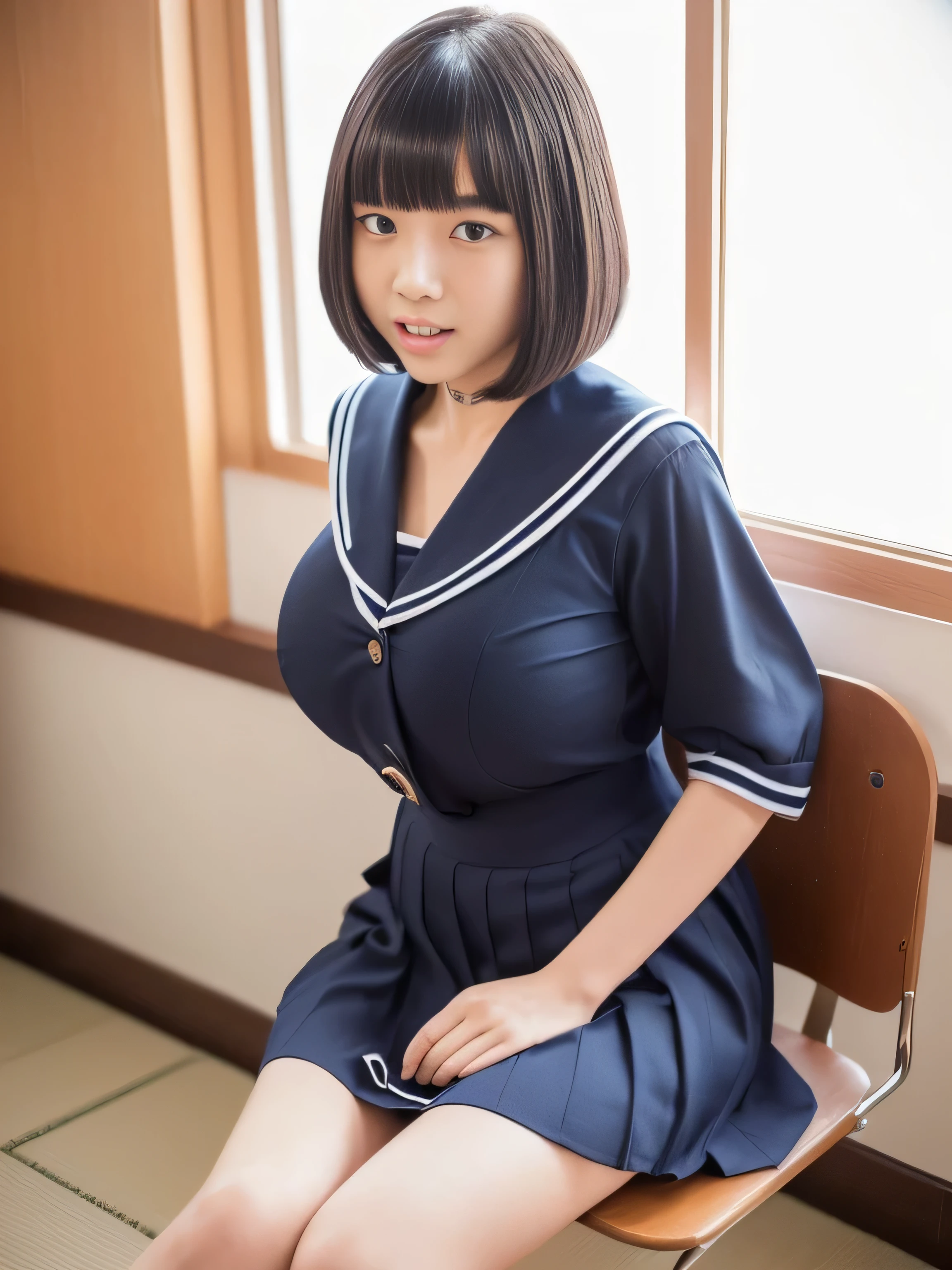 1girl, sit on a chair, full body, Japanese, (), middle Schoos, simple white shirt, short sleeve, open clothes, off shoulder, middle breast, (cleavage), navy blue skirt, thighs, (12 years old face) bob cut, smile ,classroom