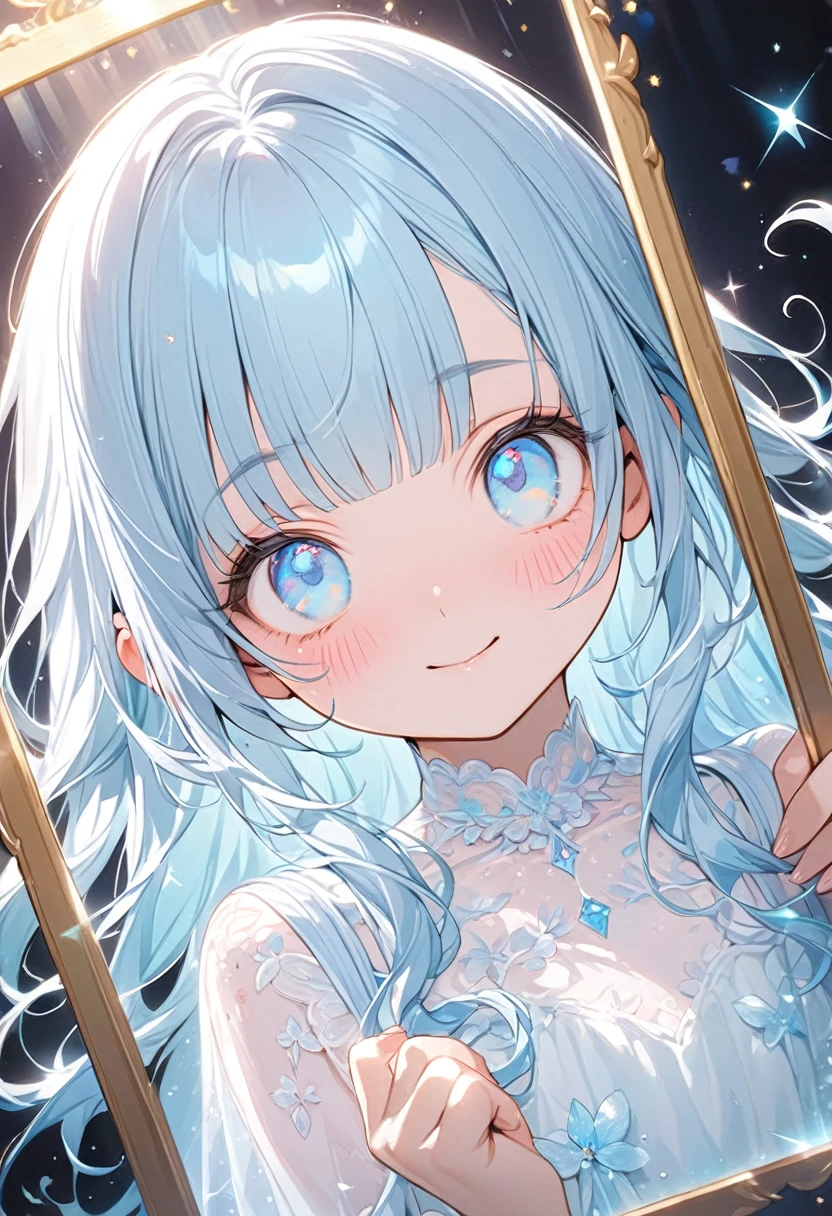 masterpiece, best quality, extremely detailed, (illustration, official art:1.1), 1 girl ,(((( light blue long hair)))), ,(((( light blue long hair)))),light blue hair, long hair ((blush)) , cute face, big eyes, masterpiece, best quality,(((((a very delicate and beautiful girl,))))),Amazing,beautiful detailed eyes,blunt bangs、((((little delicate girl)))),tareme(true beautiful:1.2), sense of depth,dynamic angle, ,flat chest, Tanabata、Top quality, masterpiece, Hikoboshi and Orihime, best smile, looking up at the sky, yukata, Milky Way, night view, Tanabata Festival, large tall bamboos and colorful hanging decoration,gold light particles effect、Starry sky
