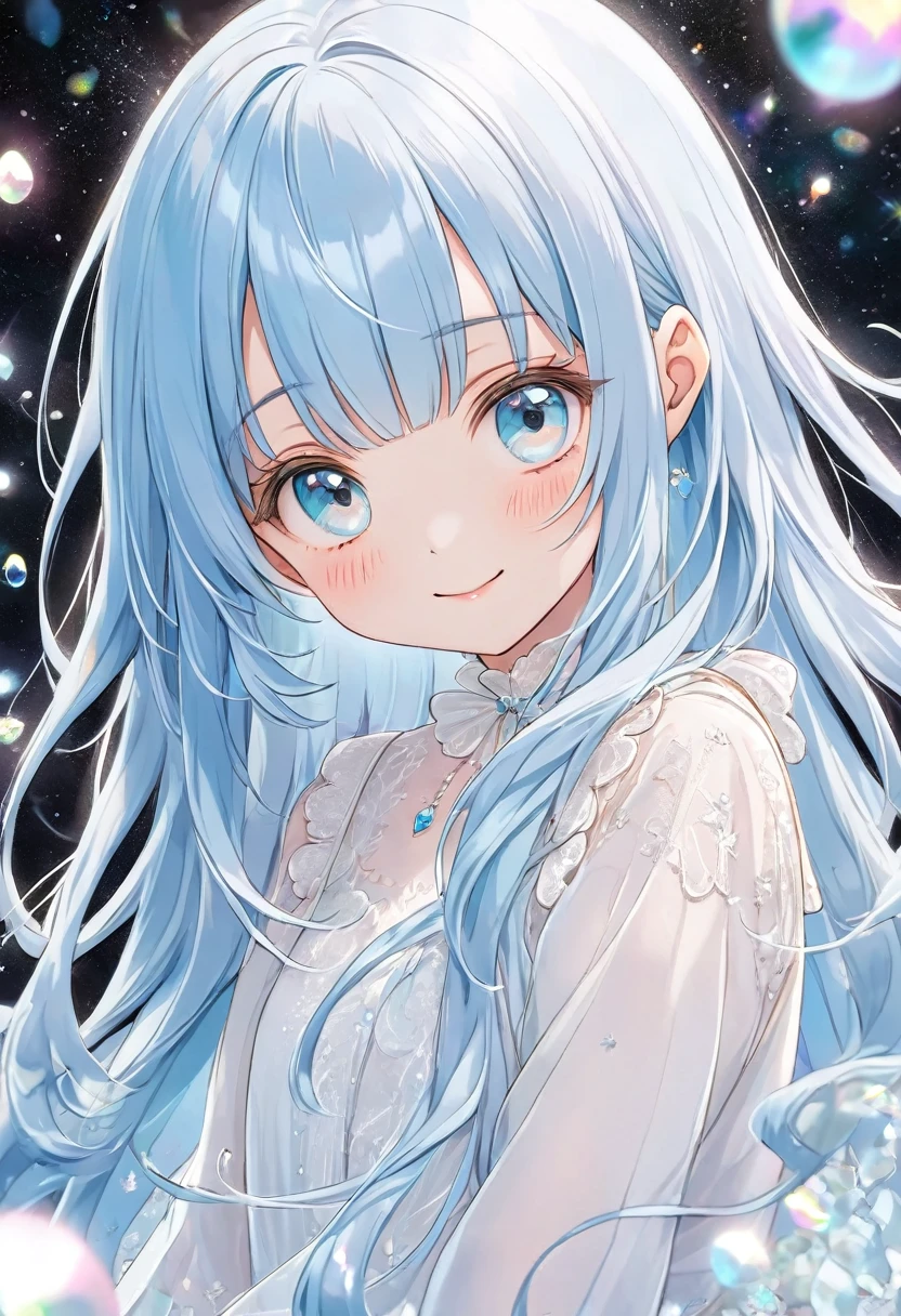 (illustration, official art:1.1), 1 girl ,(((( light blue hair)))), ,(((( light blue long hair)))),light blue hair, ,((blush)) , cute face, big eyes, masterpiece, best quality,(((((a very delicate and beautiful girl))))),Amazing,beautiful detailed eyes,blunt bangs((((little delicate girl)))),(((tareme))),droopy eyes.(true beautiful:1.2), sense of depth,dynamic angle,,,, affectionate smile, (true beautiful:1.2),,(tiny 1girl model:1.2),A high-quality hologram card depicting an anime-style girl, with glitter, mother-of-pearl, and a black background around the card, clear coloring, and colorful