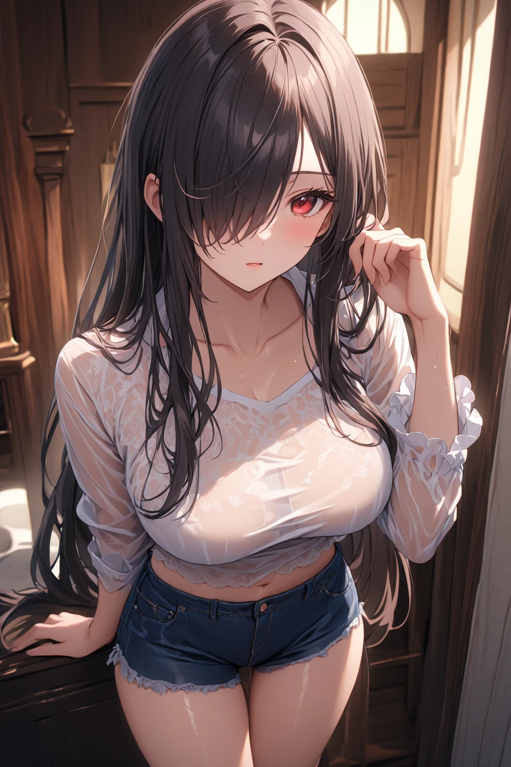 Full Body Portrait, 1girl, Solo, Looking at viewer, Shy, Cute, Red Eyes, Empty Eyes, Expressionless Eyes, Black Hair, ((Very Long Ponytail)), Straight Hair, ((Hair Over One Eye, Swept Bangs:1.5)), Petite, Large breasts, Pale Skinned, Slender, Curvy, (Long Sleeves, Top, Shorts, Black Bra Under top, wet clothes, see-though), Standing, Indoors, Cinematic Lighting, Masterpiece, 4K, Best Quality, High Resolution, Accurate, Award Winning, (SuperQuality:1.0) ~ (SuperQuality:1.2)