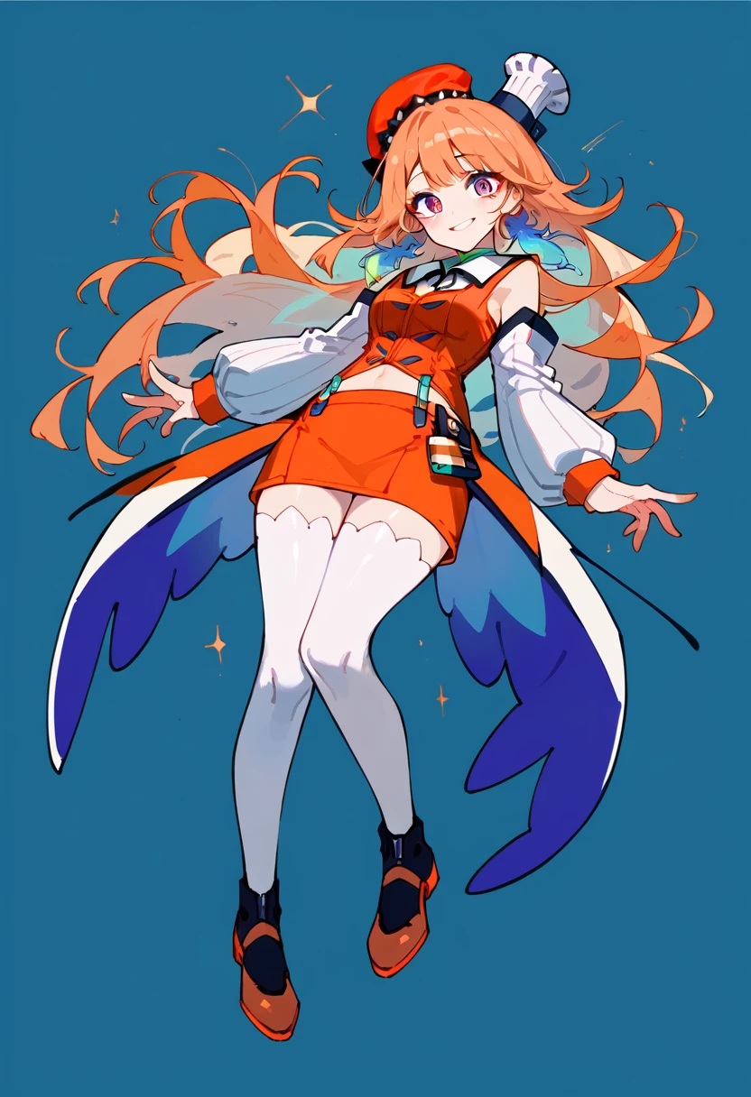 1 girl (masterpiece) perfect face, expressive eyes, KiaraBase, long hair, feather earrings, orange beret, mini chef hat, ribbon choker, detached sleeves, white sleeves, white thighhighs, orange vest, midriff, orange miniskirt, belt, soft smile, full body, simple dark blue background