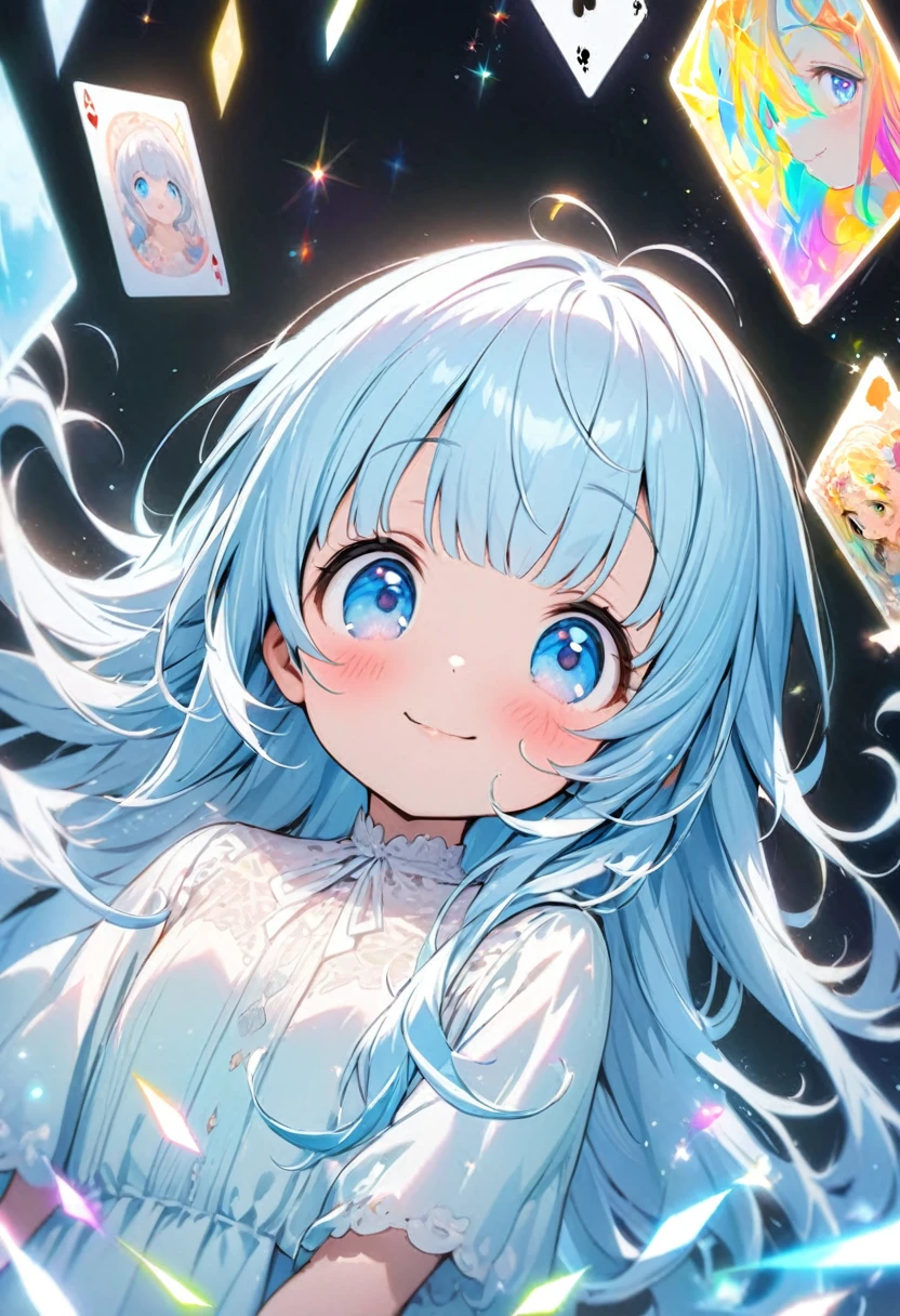 (illustration, official art:1.1), 1 girl ,(((( light blue hair)))), ,(((( light blue long hair)))),light blue hair, ,((blush)) , cute face, big eyes, masterpiece, best quality,(((((a very delicate and beautiful girl))))),Amazing,beautiful detailed eyes,blunt bangs((((little delicate girl)))),(((tareme))),droopy eyes.(true beautiful:1.2), sense of depth,dynamic angle,,,, affectionate smile, (true beautiful:1.2),,(tiny 1girl model:1.2),A high-quality hologram card depicting an anime-style girl, with glitter, mother-of-pearl, and a black background around the card, clear coloring, and colorful