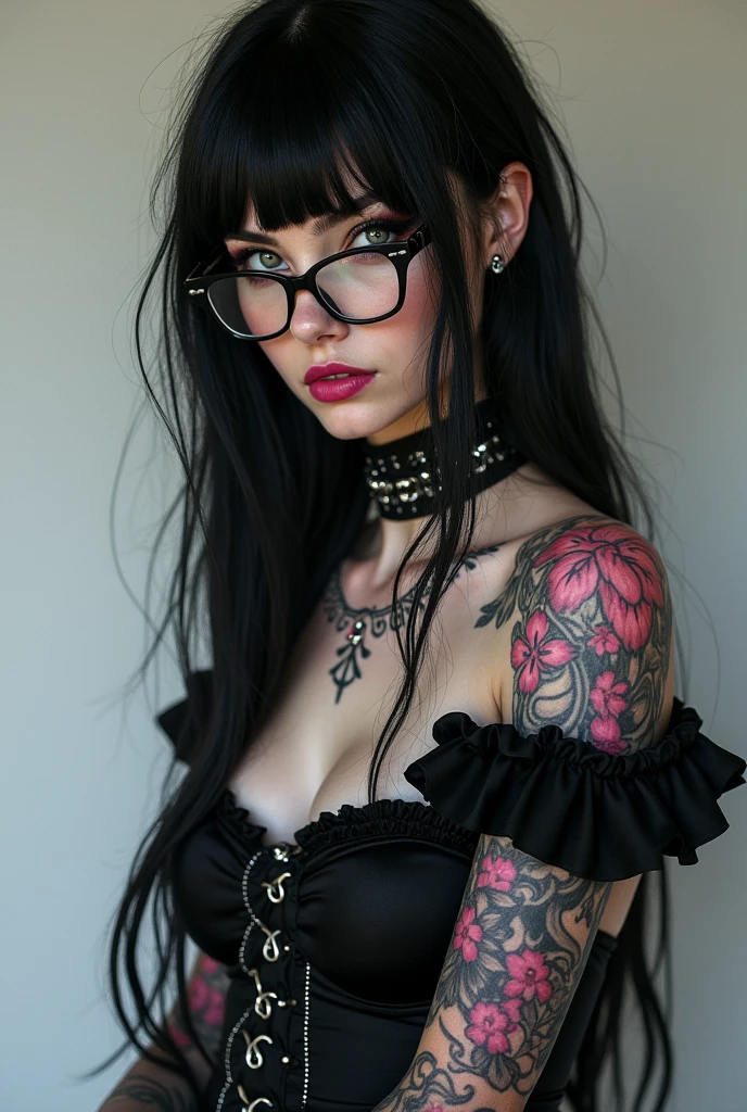 masterpiece, best quality, ultra realistic, ultra detailed, photo realistic,
((1girl)), beautiful girl, 18 years old, young, petite, flat chest, (black dress), choker, fingerless gloves, fishnets, corset, garter belt,
, porcelain skin, (poofy hair), green blue hair, emo makeup, eyeliner, shy,
(mesy emo bedroom), stocking, armpit, full body, big boobs, tattoo