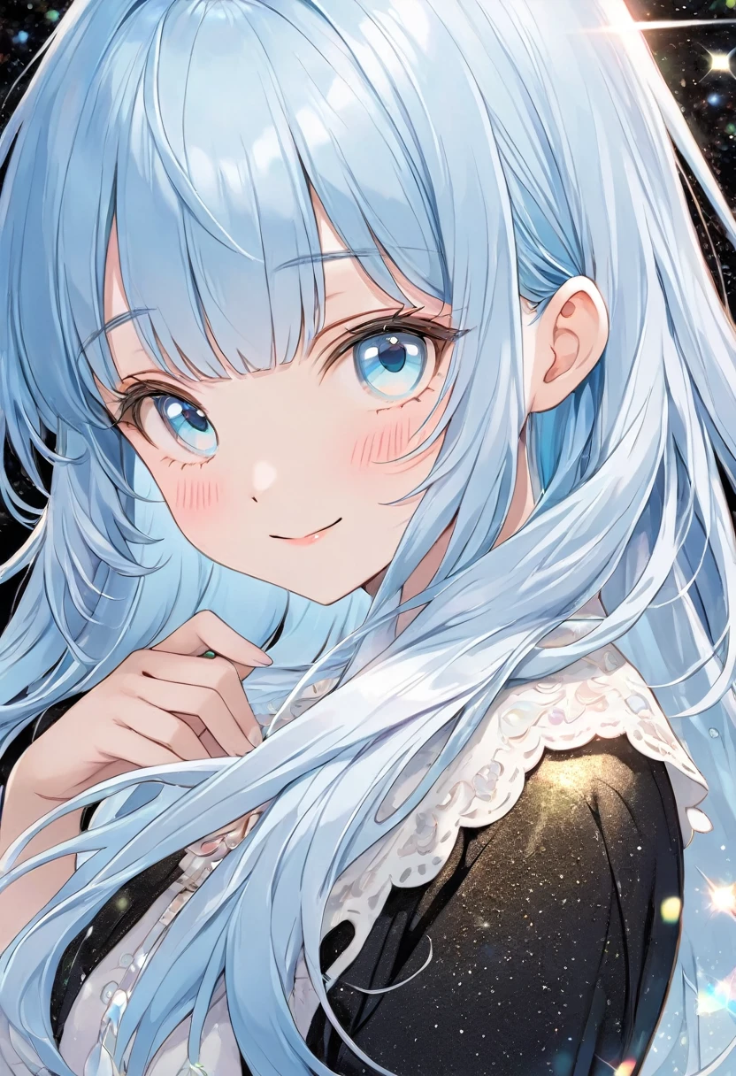 (illustration, official art:1.1), 1 girl ,(((( light blue hair)))), ,(((( light blue long hair)))),light blue hair, ,((blush)) , cute face, big eyes, masterpiece, best quality,(((((a very delicate and beautiful girl))))),Amazing,beautiful detailed eyes,blunt bangs((((little delicate girl)))),(((tareme))),droopy eyes.(true beautiful:1.2), sense of depth,dynamic angle,,,, affectionate smile, (true beautiful:1.2),,(tiny 1girl model:1.2),A high-quality hologram card depicting an anime-style girl, with glitter, mother-of-pearl, and a black background around the card, clear coloring, and colorful