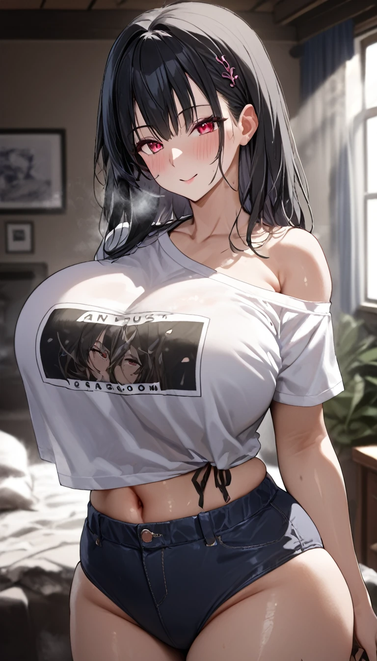 Long black hair、Red eyes、Tsukuyomi Minato, Super large size T-shirt、Sparkling sequined high leg lace under bikini、 Super huge breasts, High resolution, Masterpiece Anatomically Correct, Best Quality, high detail, damage, High resolutionモデル, retina, Very detailed, Textured skin, 超High resolution, 航空photograph, Background Blur, Exposure, Movie Light Effects, photograph, reality, From side view, 、
((Backlight Lighting、UV black light lighting、Shiny white shirt、The room was dim and windowless.、Bedroom lit with black light and neon lights ))、Backlight、
sweat,steam, , shortness of breath, Charming smile, Clothing、

Heavy breathing、Rough kiss、Large Breasts, Earrings, Licking lips,  squat、sit、Top view、Full body diagram、Convulsively sit down、A room for two、((Tons of sound effects、A lot of dialogue)), (Safety Sensors、Safe For Work、Safe work、sfw, Safe at Work)