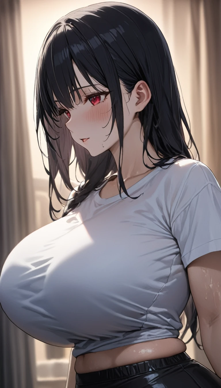 Long black hair、Red eyes、Tsukuyomi Minato, Super large size T-shirt、Sparkling sequined high leg lace under bikini、 Super huge breasts, High resolution, Masterpiece Anatomically Correct, Best Quality, high detail, damage, High resolutionモデル, retina, Very detailed, Textured skin, 超High resolution, 航空photograph, Background Blur, Exposure, Movie Light Effects, photograph, reality, From side view, 、
((Backlight Lighting、UV black light lighting、Shiny white shirt、The room was dim and windowless.、Bedroom lit with black light and neon lights ))、Backlight、
sweat,steam, , shortness of breath, Charming smile, Clothing、

Heavy breathing、Rough kiss、Large Breasts, Earrings, Licking lips,  squat、sit、Top view、Full body diagram、Convulsively sit down、A room for two、((Tons of sound effects、A lot of dialogue)), (Safety Sensors、Safe For Work、Safe work、sfw, Safe at Work)