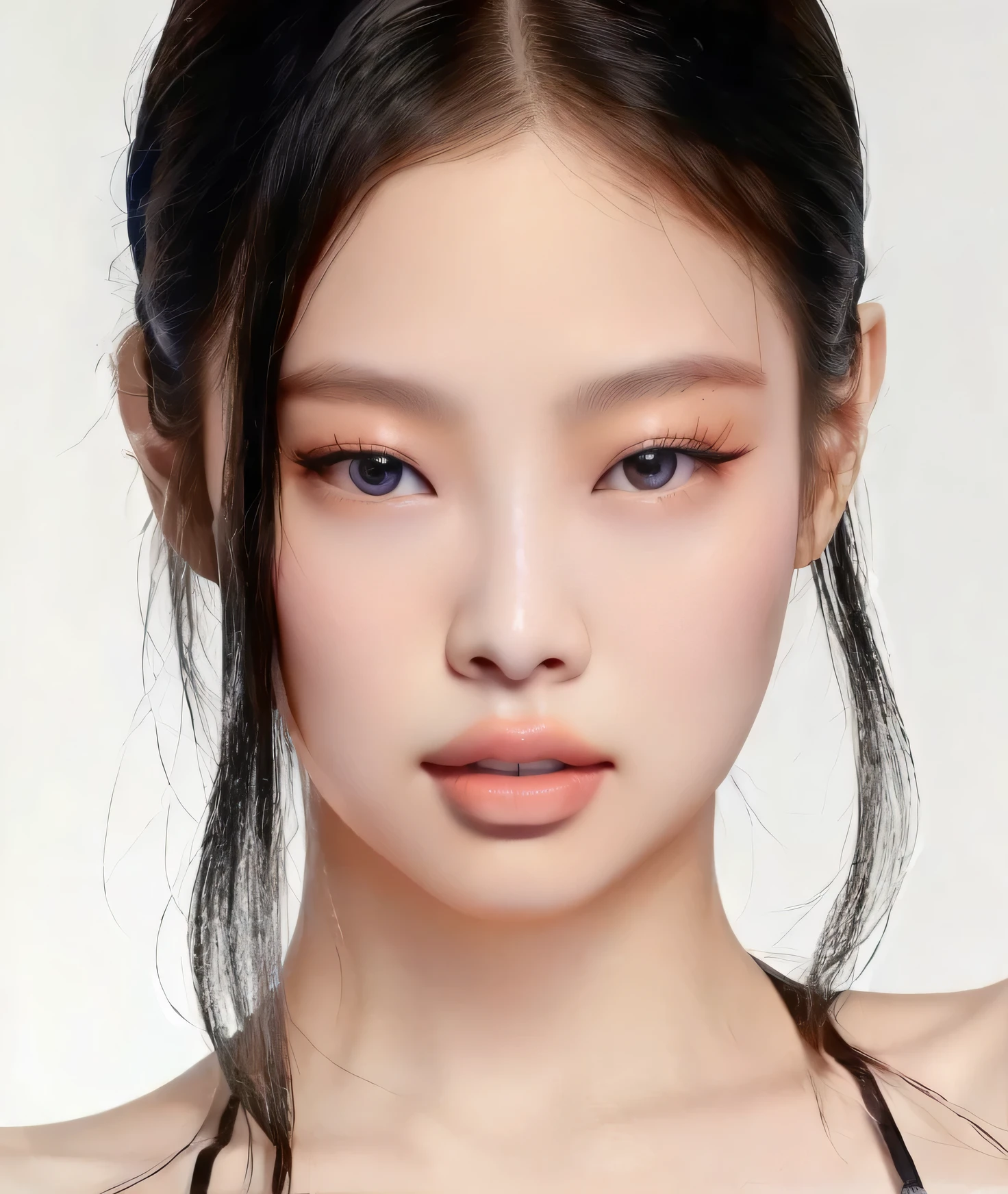 A closeup of a woman with long hair and a tattoo on her arm, beautiful Asian, características Asians, asian face, Southeast Asian with round face, beautiful aesthetic face, Asian, Asian beautiful face, rosto sexy com maquiagem completa, detailed face of a Asian, 18 anos de idade, coreana, Korean facial features, young lovely korean face