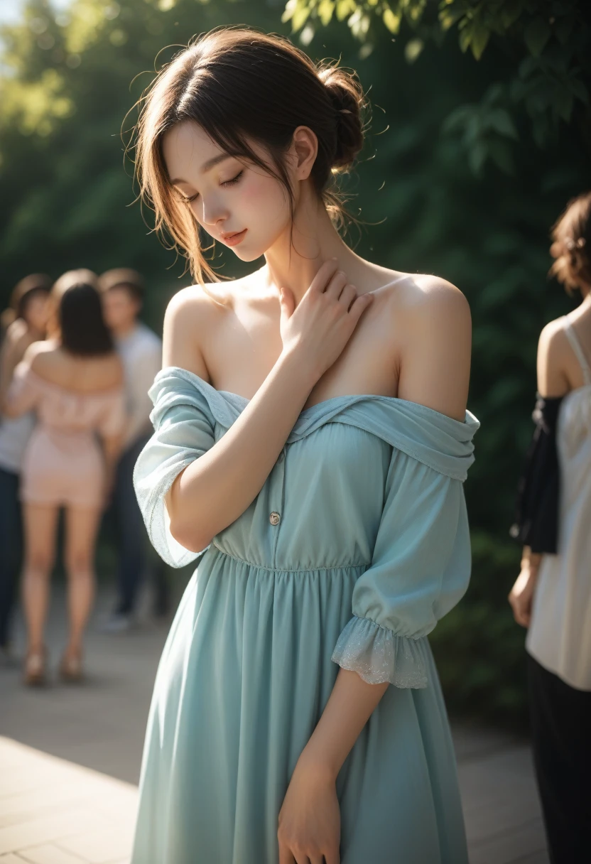 Young woman, pensive, simple off-the-shoulder top, one hand adjusting dress, other hand on shoulder, casual party, relaxed, social atmosphere, soft lighting, warm tones against the gentle light of the setting sun and calm mood, score_9, score_8_up, score_7_up, 