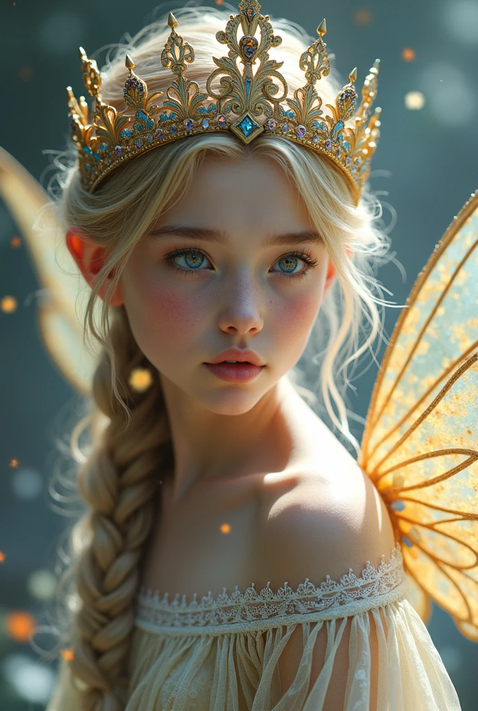 (masterpiece) Gorgeous princess divinity, best quality, ultra-detailed, divine elegance, fantasy allure, (1girl), golden hair, regal headpiece, sparkling jewelry, satin gown, misty background, ethereal lighting, (floating+flying:1.2) butterflies, (soft focus+glow:1.2), swirling petals, (sparkling+twinkling:1.3) stars.