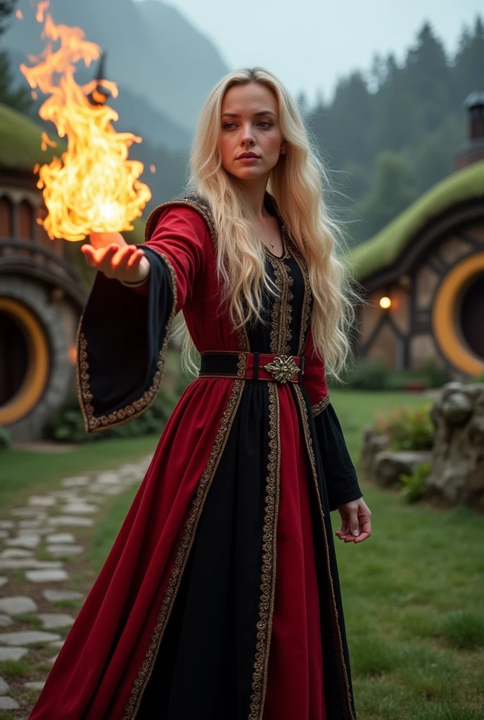 a beautiful sorceress Phoebe with long blond hair dressed in a magical red and black robe casts a fireball in a dynamic pose against the background of a picturesque hobbit village, concentration, cold atmosphere, a bizarre mix of colors