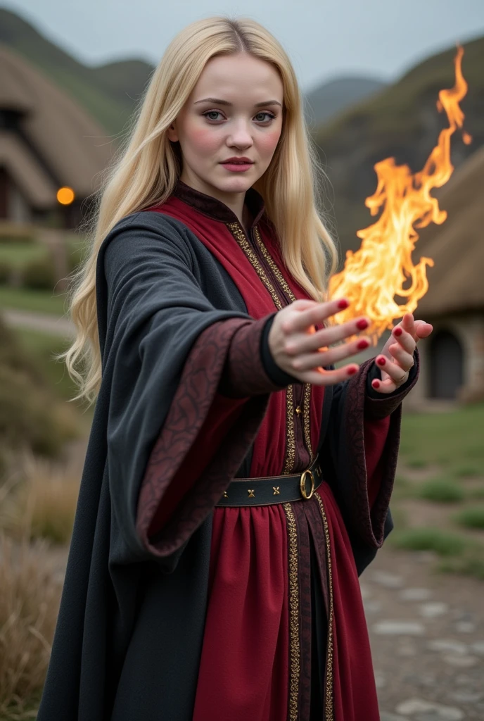 a beautiful sorceress with long blond hair dressed in a magical red and black robe casts a fireball in a dynamic pose against the background of a picturesque hobbit village, concentration, cold atmosphere, a bizarre mix of colors