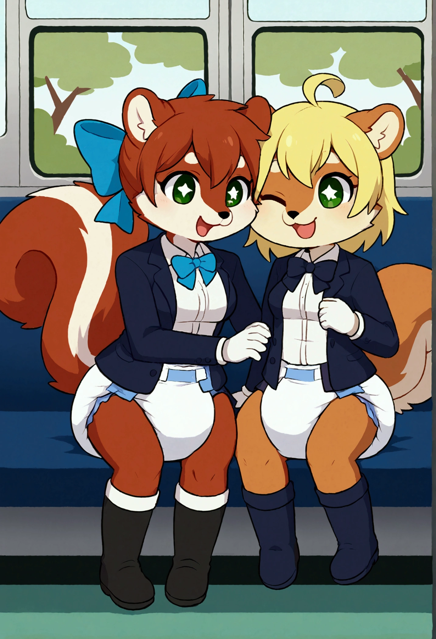 2boys, squirrel, furry, bodyfur, tail, collar, bra, bottomless, gloves, boots, chibi, sparkling eyes, idol, hair bow, happy, full body, penis, testicles, shota, park, twin, brother