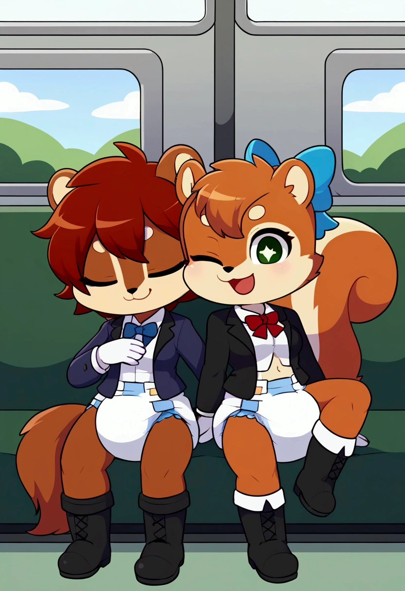 2boys, squirrel, furry, bodyfur, tail, collar, bra, bottomless, gloves, boots, chibi, sparkling eyes, idol, hair bow, happy, full body, penis, testicles, shota, festival, wedding dress, kiss