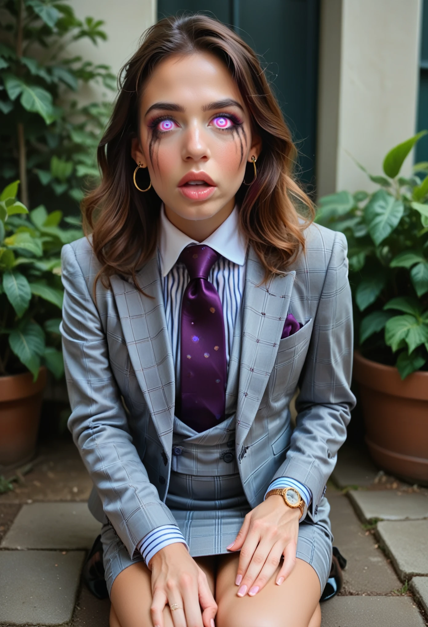 Arafed woman in a suit and tie sitting on a step - SeaArt AI