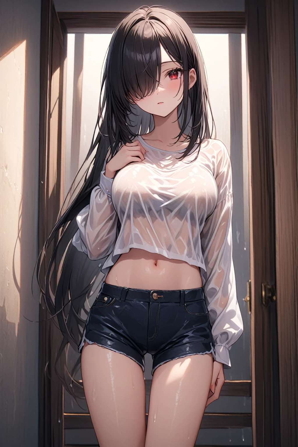 Full Body Portrait, 1girl, Solo, Looking at viewer, Shy, Cute, Red Eyes, Empty Eyes, Expressionless Eyes, Black Hair, ((Very Long Ponytail)), Straight Hair, ((Hair Over One Eye, Swept Bangs:1.5)), Petite, Large breasts, Pale Skinned, Slender, Curvy, (Long Sleeves, Shorts, Black Bra Under top, wet clothes, see-though), Standing, Indoors, Cinematic Lighting, Masterpiece, 4K, Best Quality, High Resolution, Accurate, Award Winning, (SuperQuality:1.0) ~ (SuperQuality:1.2)