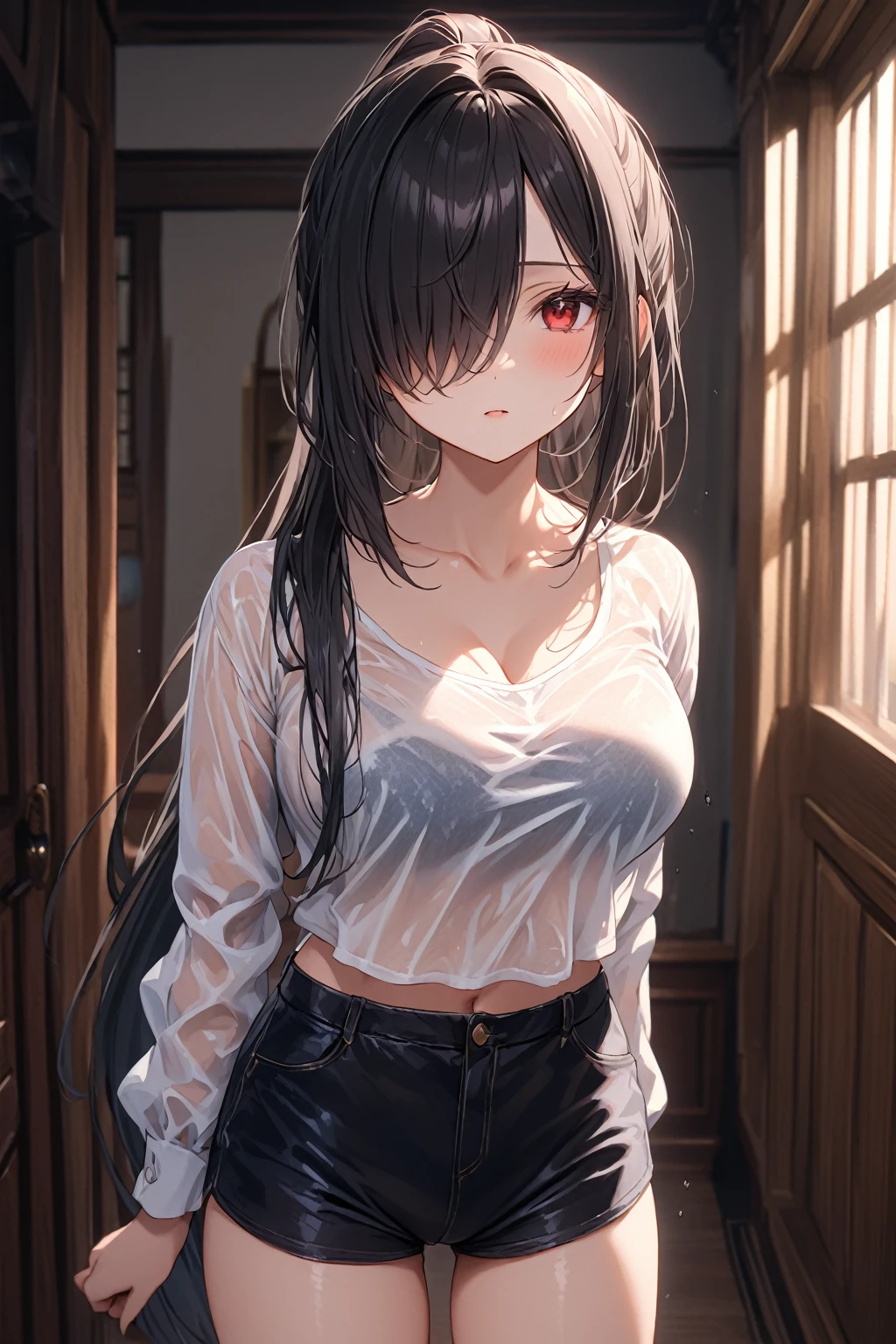 Full Body Portrait, 1girl, Solo, Looking at viewer, Shy, Cute, Red Eyes, Empty Eyes, Expressionless Eyes, Black Hair, ((Very Long Ponytail)), Straight Hair, ((Hair Over One Eye, Swept Bangs:1.5)), Petite, Large breasts, Pale Skinned, Slender, Curvy, (Long Sleeves, Shorts, Black Bra Under top, wet clothes, see-though), Standing, Indoors, Cinematic Lighting, Masterpiece, 4K, Best Quality, High Resolution, Accurate, Award Winning, (SuperQuality:1.0) ~ (SuperQuality:1.2)