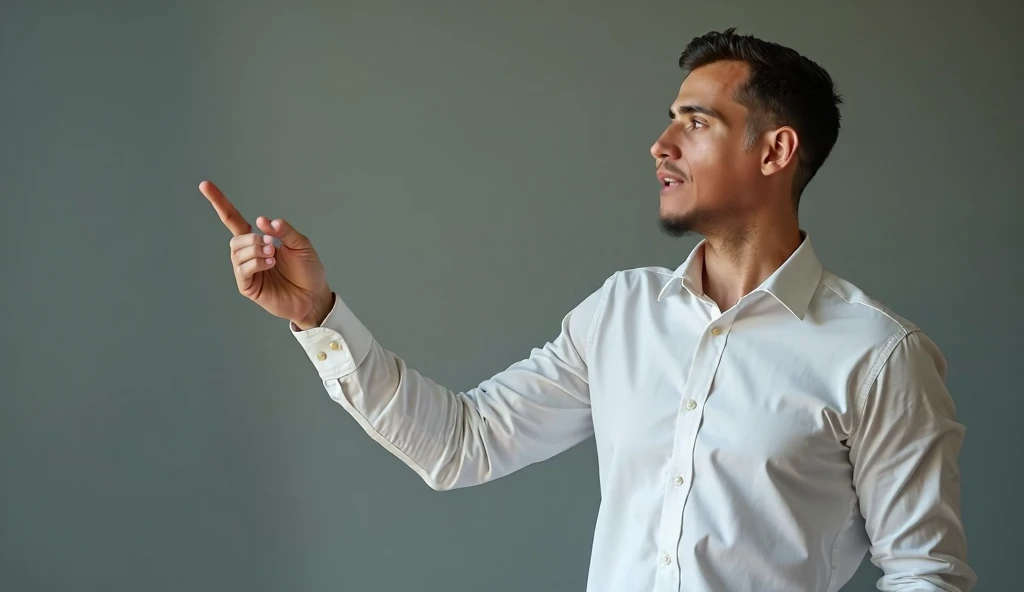 A man in a white shirt is facing right and one hand is pointing as if suggesting something.