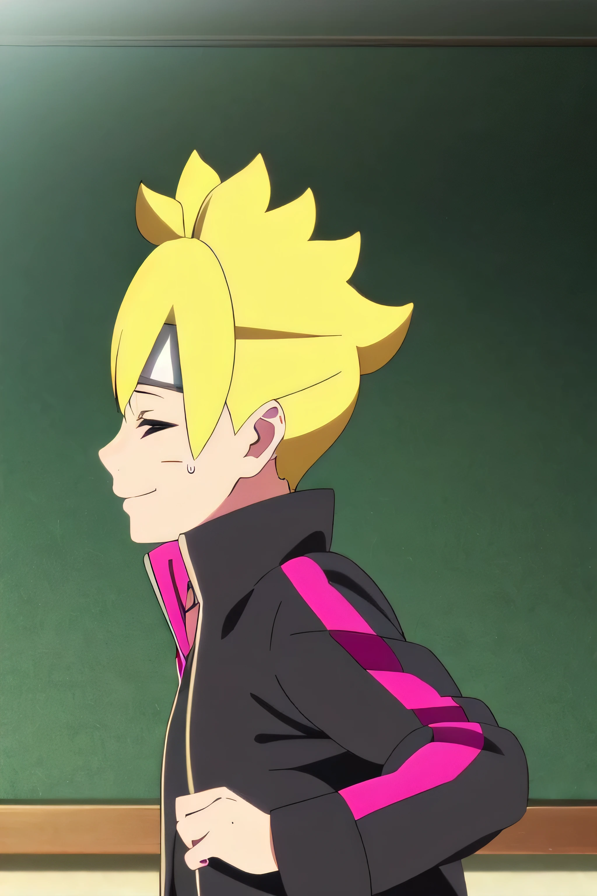 Boruto Uzumaki, solo, upper body, side view, viewed from side, smile, sensual expression,eyes closed,leaning forwards,leaned forwards,sweaty