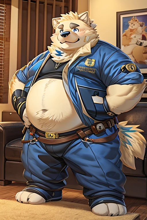 （（Being overweight））セリブルGolden Retrieverの顔、humanity（Golden Retriever）、Chubby、（Black eyebrows：1.1）、（Perfect Eyes）、Golden fur、（Artist：Takemoto Arashi）、Living Room Background、（first round：1.3）、feet、（Blackbeard：1.3）、（Police uniform：1.3）、blush、(Being stripped of clothes、Show your belly）