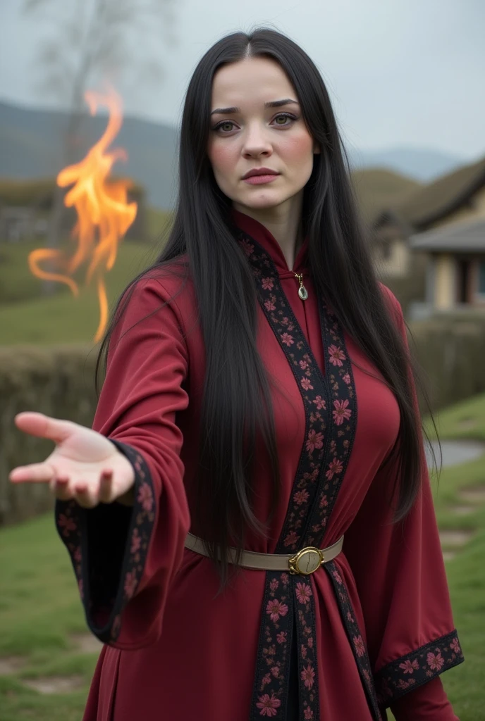 a beautiful sorceress with long black hair dressed in a magical red and black robe casts a fireball in a dynamic pose against the background of a picturesque hobbit village, concentration, cold atmosphere, a bizarre mix of colors