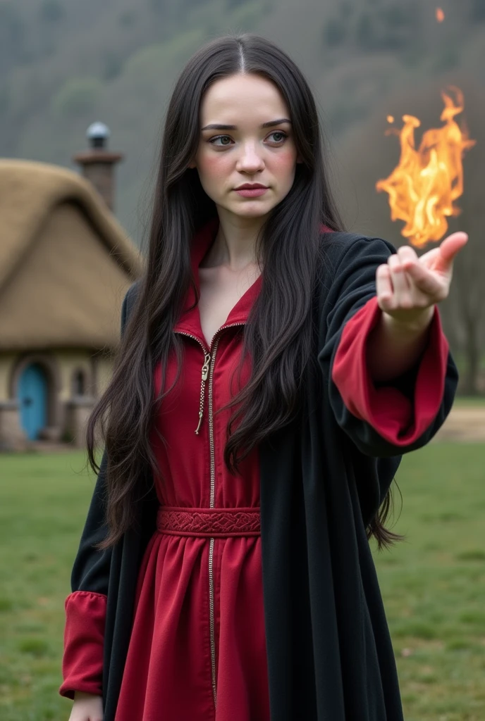 a beautiful sorceress with long black hair dressed in a magical red and black robe casts a fireball in a dynamic pose against the background of a picturesque hobbit village, concentration, cold atmosphere, a bizarre mix of colors