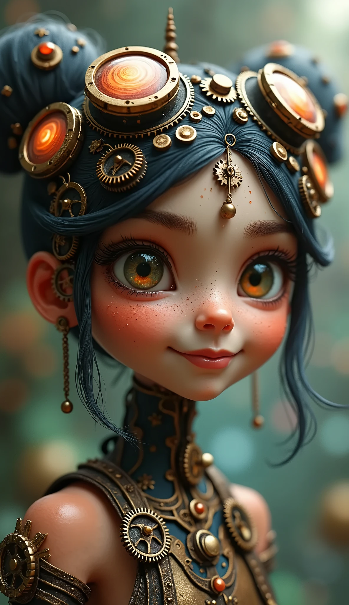 a whimsical steampunk girl with ADHD, intricate gears and mechanisms, copper and brass accents, vibrant colors, fantasy elements, detailed portrait, dramatic lighting, surreal atmosphere, digital art, cinematic composition, hyperdetailed, artstation, concept art