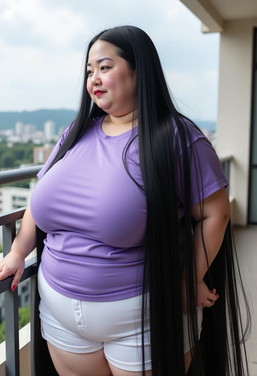 8k,Please redeem, masterpiece, Ultra-high resolution,(masterpiece:1.6, Please redeem), Intricate details, Daytime, Her long black hair is blowing in the wind on the balcony５０20-something middle-aged women,Japanese, Alone, ((Upper Body)), ((Dynamic pose:1.4)),((absurdly long hair:1.5)),top of head,Jet black hair, (forehead:1.3), (Extreme obesity:1.4), (Fat face:1.3), (Round face:1.2), (Saggy face:1.3), Crow&#39;s feet wrinkles, (Relaxed body), ((Super huge breasts:1.8)), ((Saggy breasts:1.8)), ((Abnormally long, Her beautiful black hair reaches down to her heels:1.5)), ((Her extremely long black hair reaches the ground.:1.5)), Pale skin, Shiny skin, Laughing happily,Heavy makeup, Pink Cheeks, Red lips, Thick lips,((Purple T-shirt:1.2)),((White shorts))